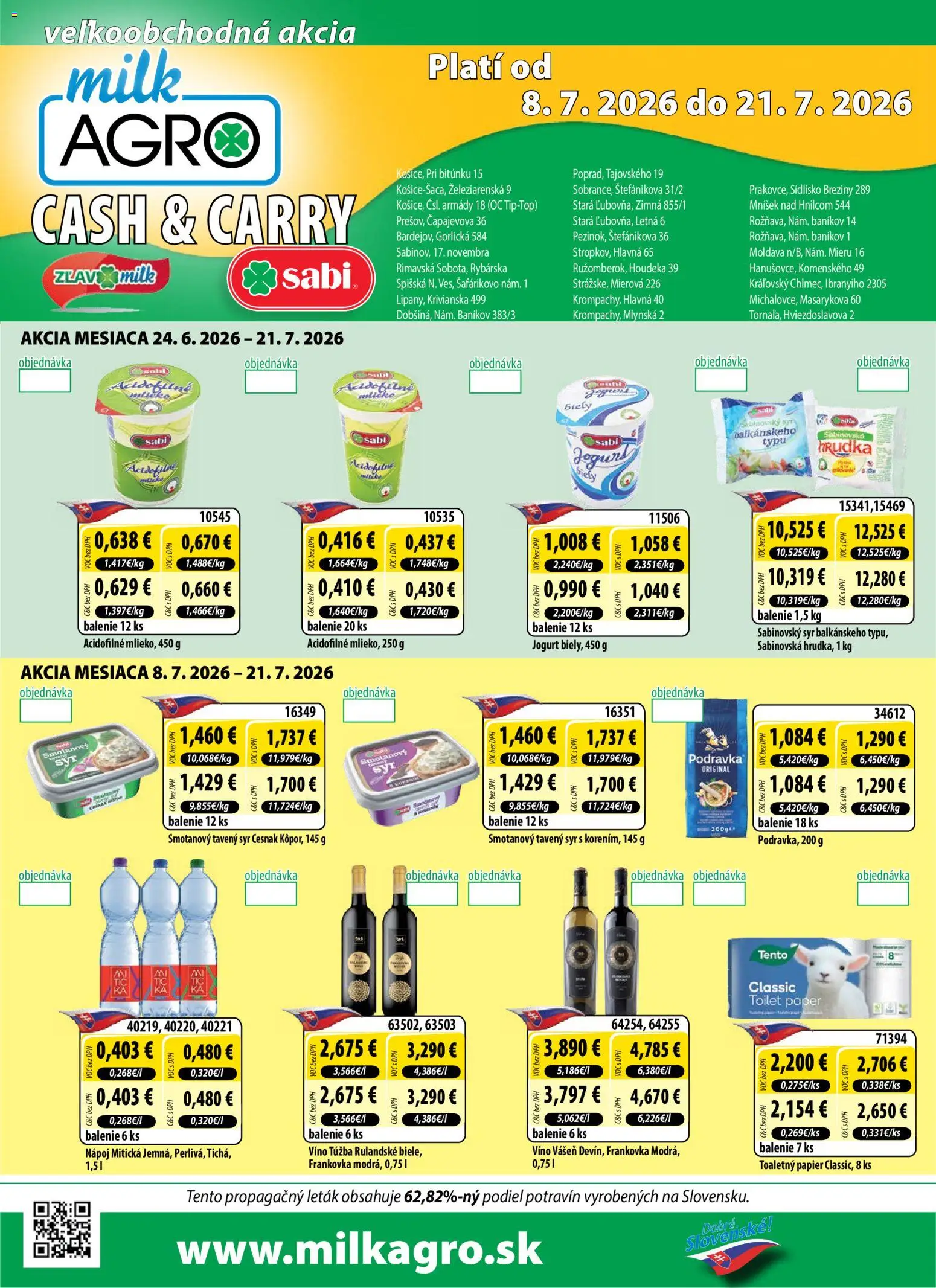 Náhľad Milk Agro letáku platného od 08.07.2026 - Víno, Syr, Toaletný papier, Cesnak, Jogurt, Tavený syr, Mitická