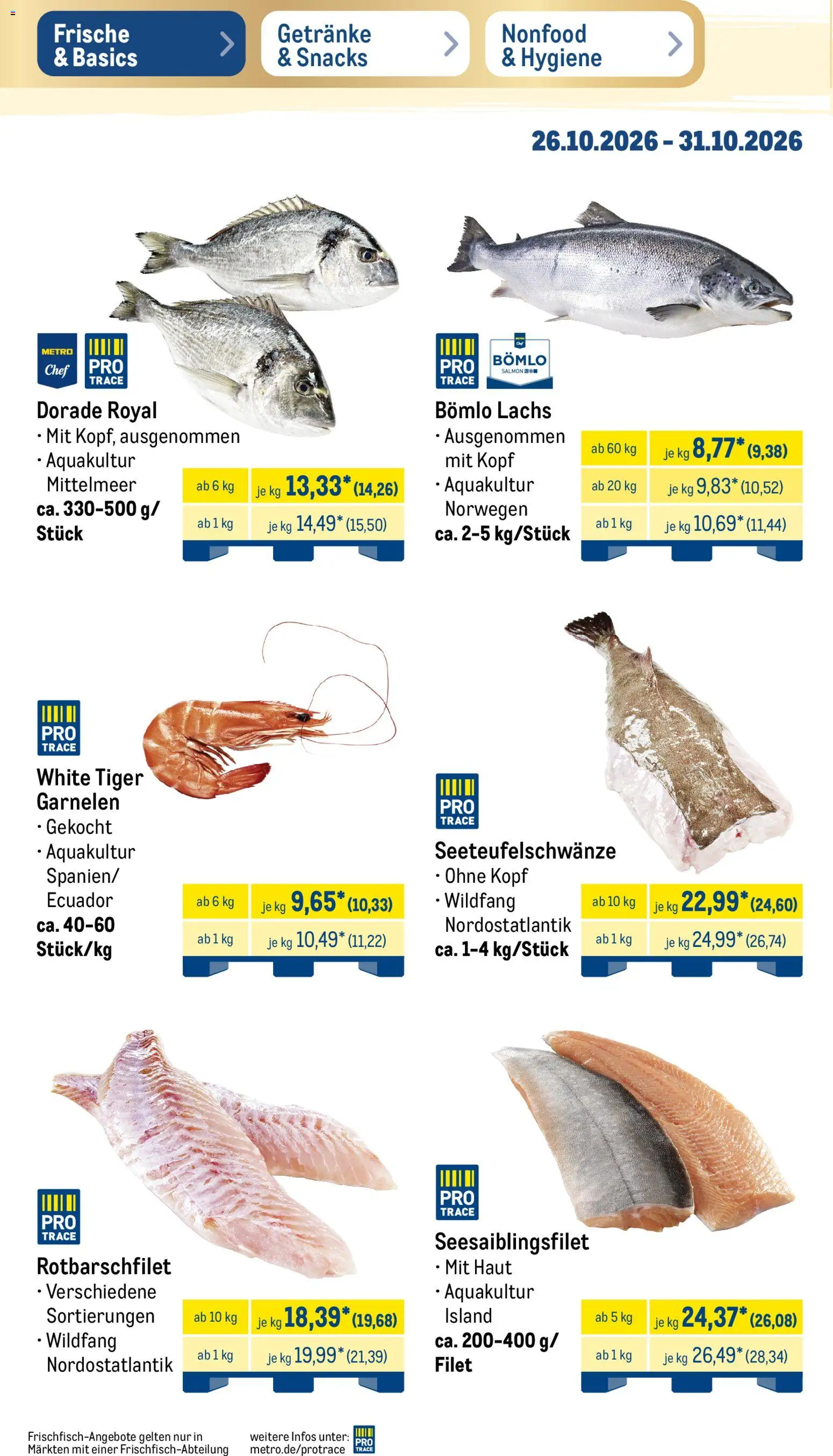 Vorschau von dem Prospekt des Geschäftes Metro, gültig ab dem 26.10.2026 - Garnelen, Lachs, Dorade, Tiger garnelen