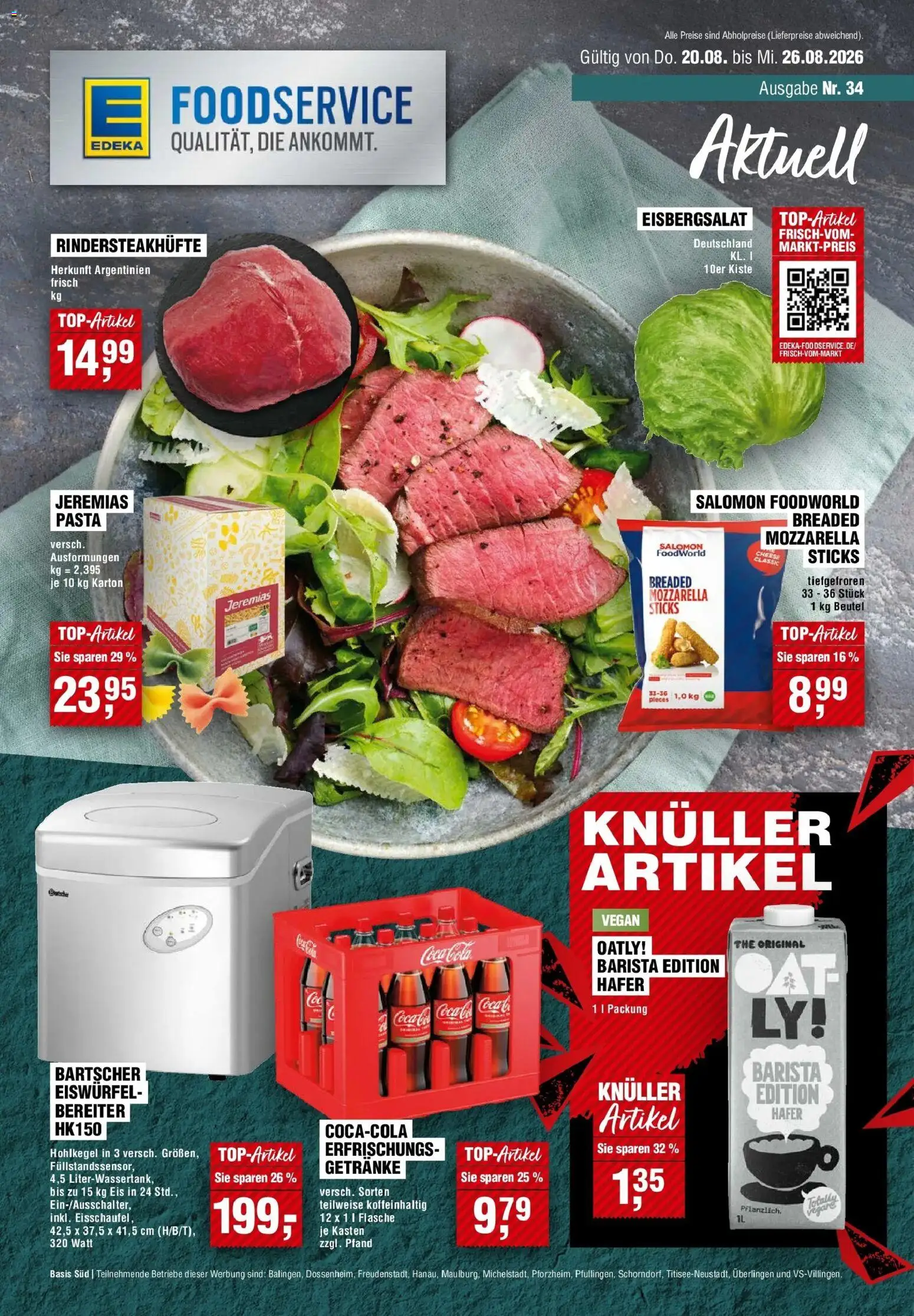 Vorschau von dem Prospekt des Geschäftes Edeka, gültig ab dem 20.08.2026 - Eis, Pasta, Mozzarella, Eisbergsalat, Oatly