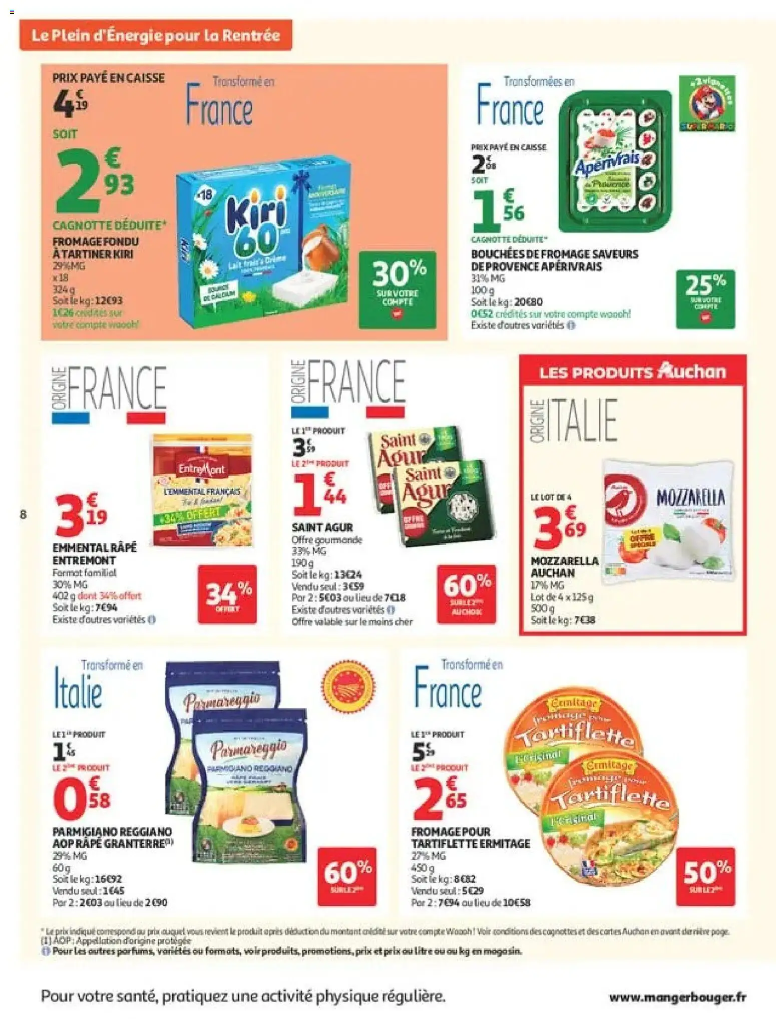 Prévisualisation de Auchan Ménage rentrée hypers du magasin Auchan formulaire valide 08/09/2026 - Fromage, Mozzarella, Emmental, Kiri, Fromage pour tartiflette, Parmigiano Reggiano, Fromage fondu, Râpe