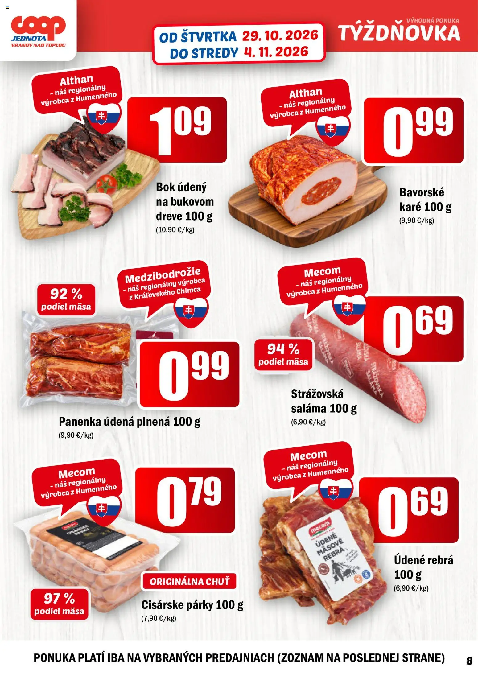 Náhľad COOP Jednota letáku platného od 29.10.2026 - Párky, Saláma, Údené rebrá