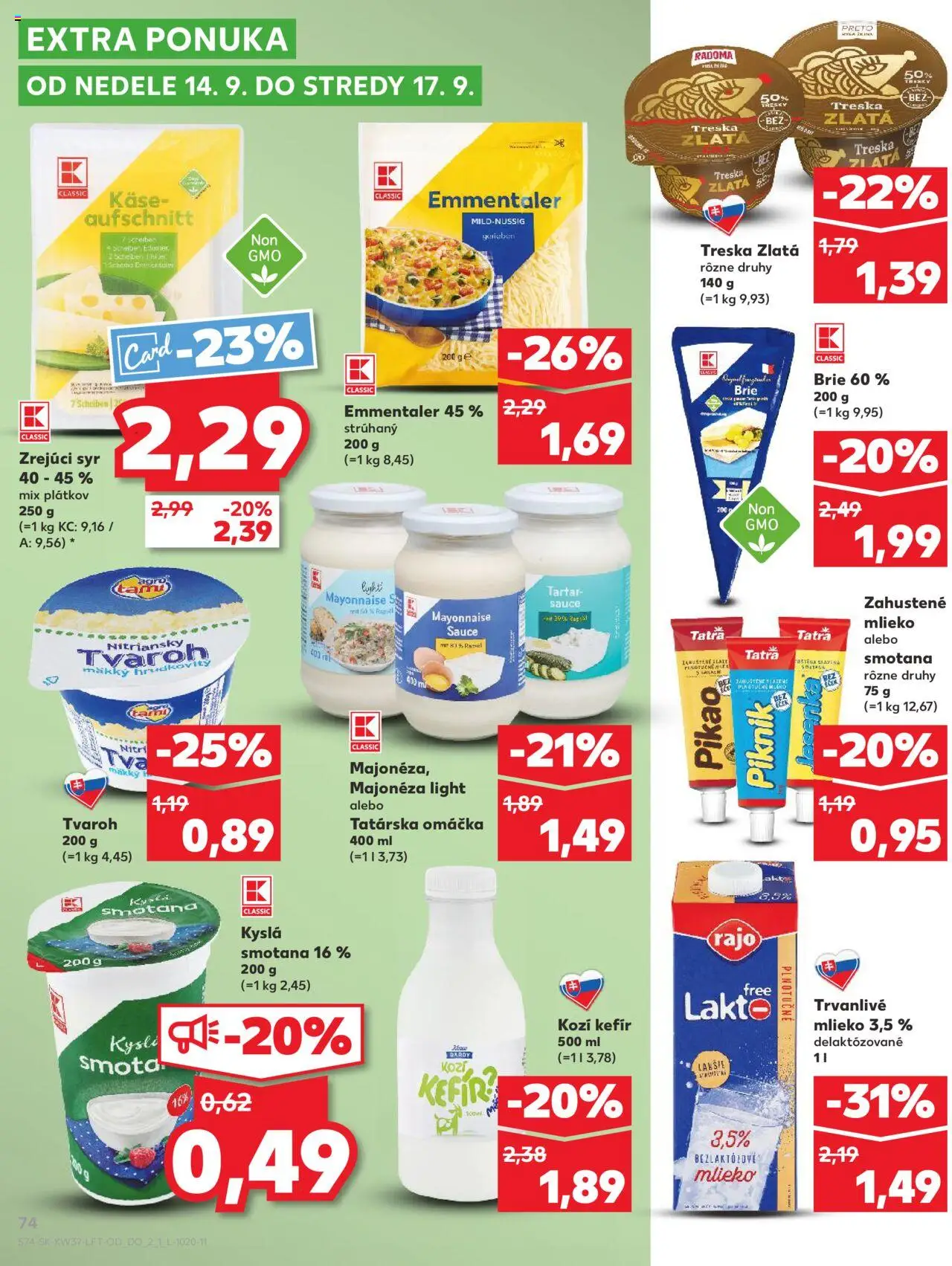 Náhľad Kaufland letáku platného od 11.09.2025 - Syr, Tvaroh, Mlieko, Treska, Kyslá smotana, Tatárska omáčka, Trvanlivé mlieko, Mlieko 3,5 %