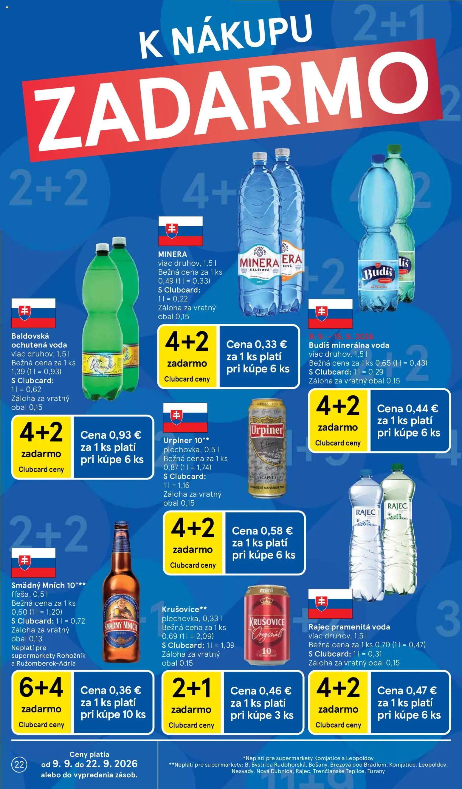 Náhľad Tesco letáku platného od 09.09.2026 - Voda, Budiš, Urpiner, Krušovice, Baldovská, Minerálna voda, Pramenitá voda, Ochutená voda
