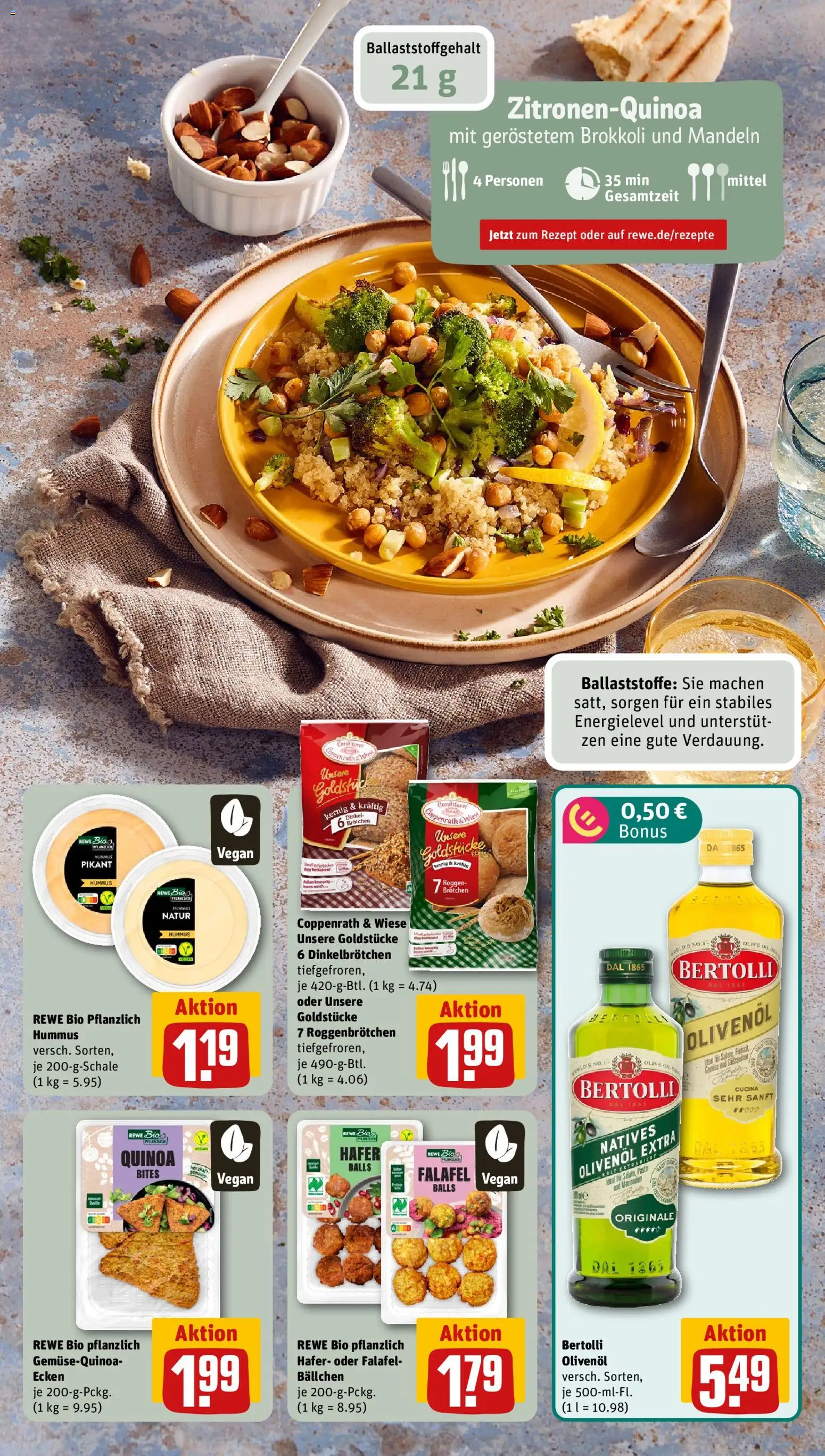 Vorschau von dem Prospekt des Geschäftes Rewe, gültig ab dem 07.09.2026 - Pasta, Brokkoli, Hummus, Mandeln, Olivenol