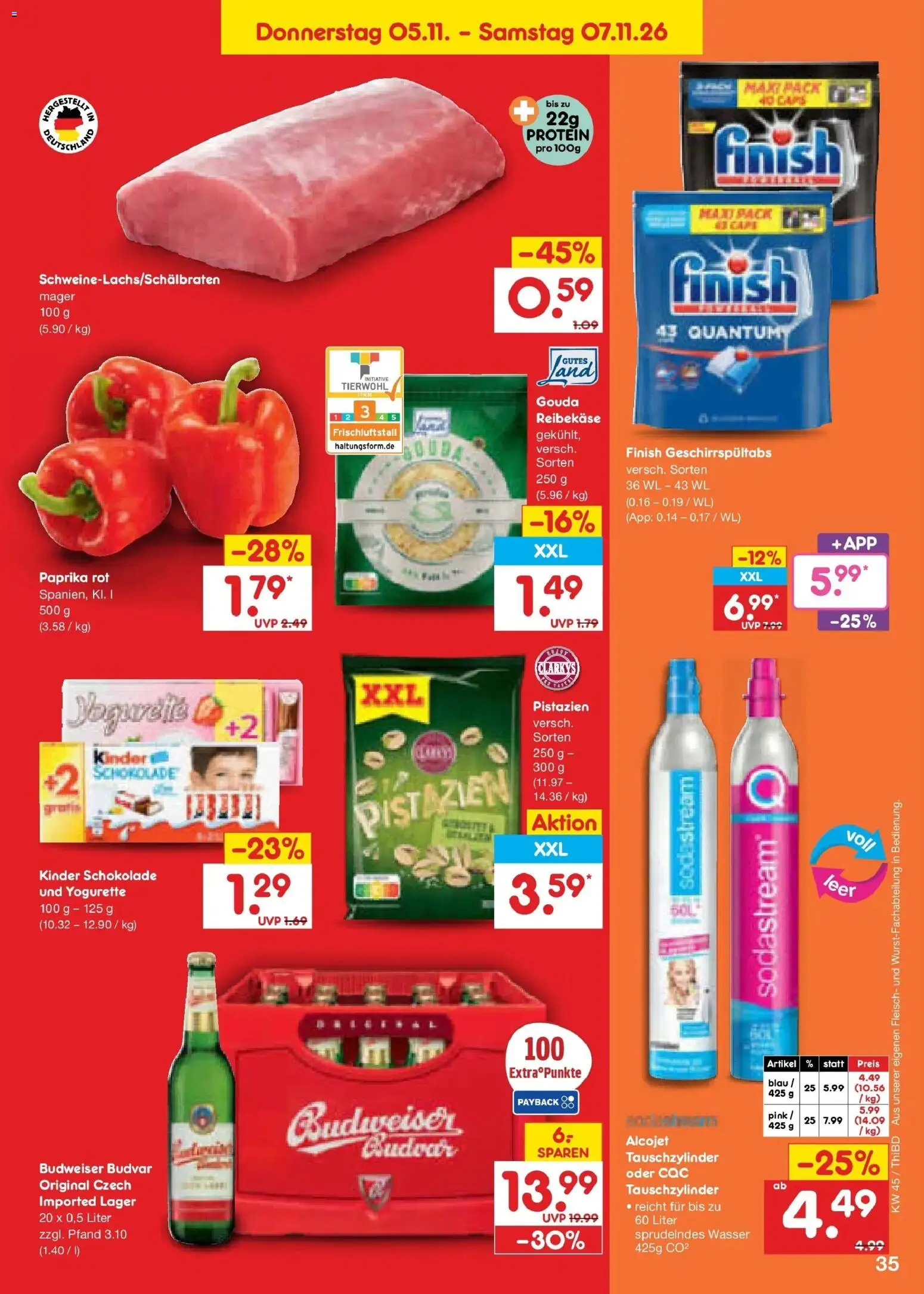 Vorschau von dem Prospekt des Geschäftes Netto Marken-Discount, gültig ab dem 02.11.2026 - Wasser, Fleisch, Paprika, Yogurette, Gouda, Budweiser, Paprika rot, Kinder schokolade