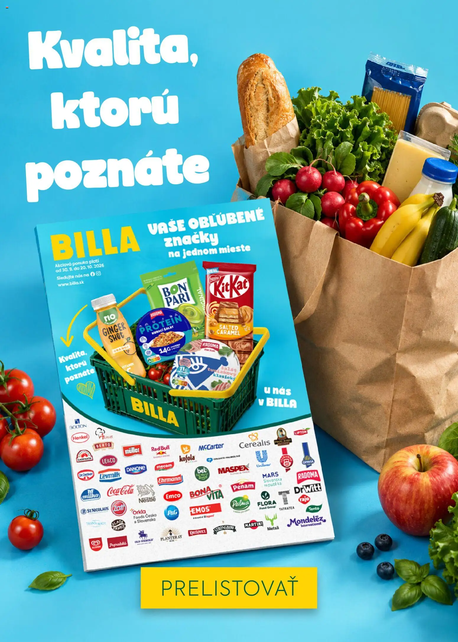 Náhľad Billa letáku platného od 14.10.2026 - Protein, Red Bull, Šalát, Martini, Flora, Krušovice, Strongbow