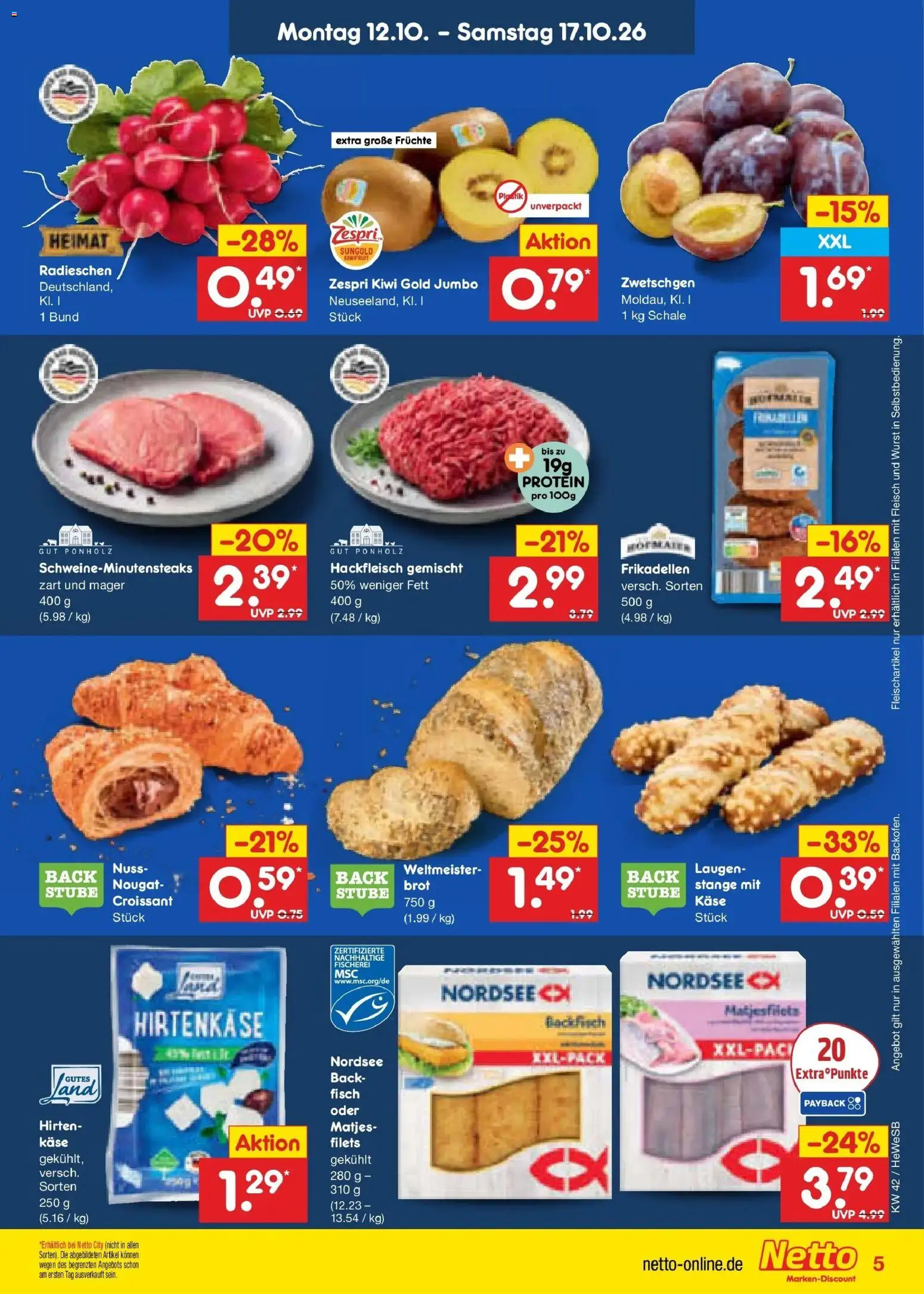 Vorschau von dem Prospekt des Geschäftes Netto Marken-Discount, gültig ab dem 12.10.2026 - Käse, Fisch, Croissant, Kiwi, Brot, Fleisch, Hackfleisch, Zwetschgen