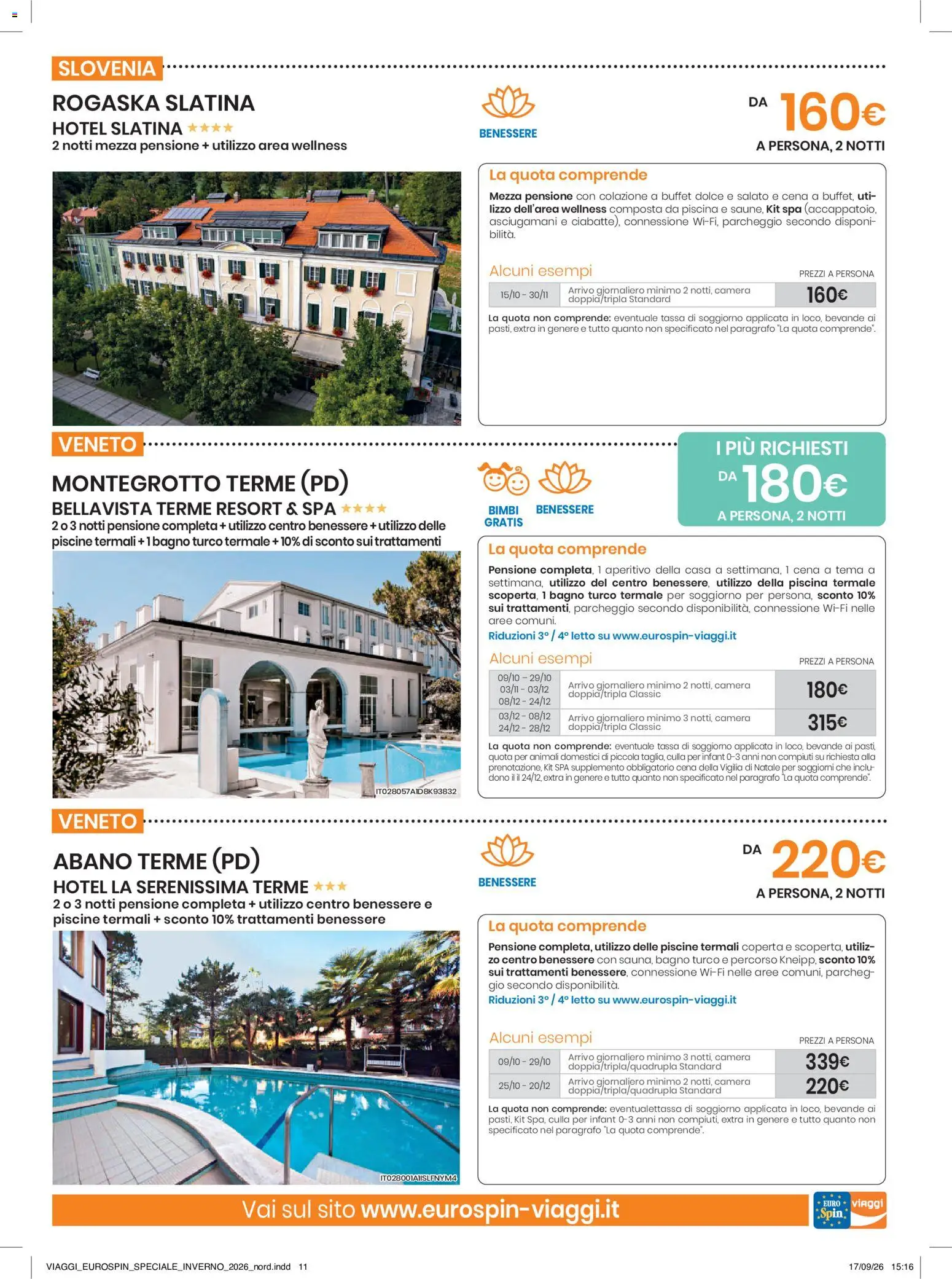 Anteprima dell'opuscolo Eurospin volantino Viaggi Nord dal negozio Eurospin valido da 17/09/2026 - Aperitivo, Piscina, Bagno, Letto, Culla, Asciugamani, Coperta, Bevande