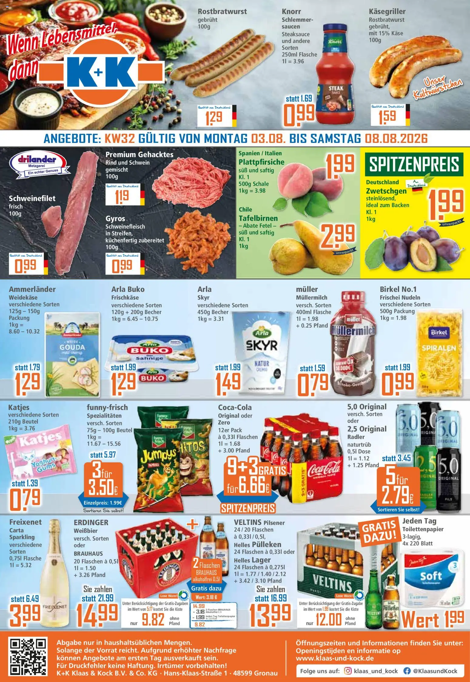 Vorschau von dem Prospekt des Geschäftes Klaas & Kock, gültig ab dem 03.08.2026 - Käse, Nudeln, Veltins, Zwetschgen, Gouda, Freixenet, Erdinger, Spezialitäten