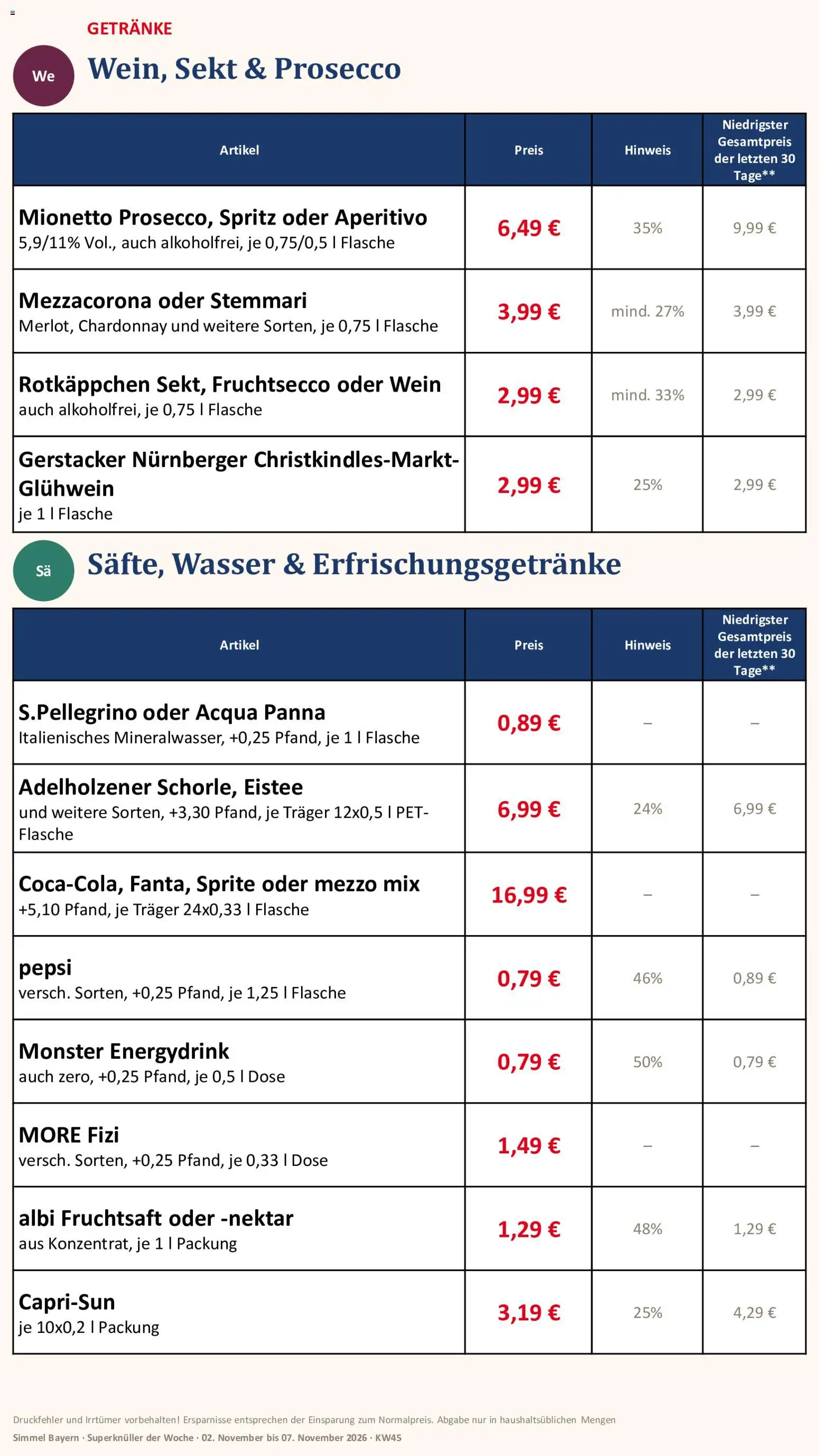 Vorschau von dem Prospekt des Geschäftes Simmel, gültig ab dem 02.11.2026 - Monster, Wein, Sekt, Pepsi, Adelholzener, Mezzo mix, Fruchtsaft, Oder mezzo mix