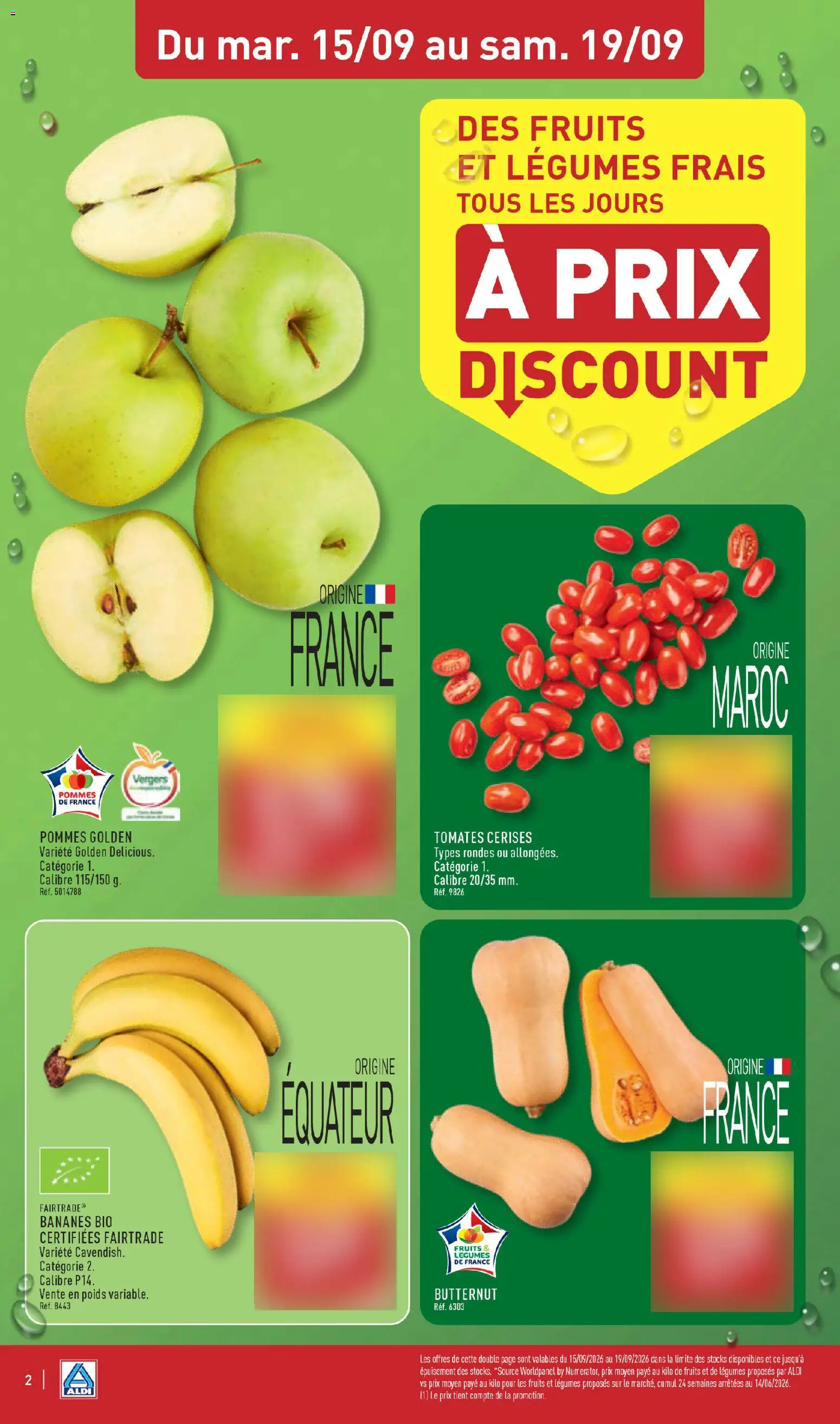Prévisualisation de Aldi catalogue du magasin Aldi formulaire valide 15/09/2026 - Butternut, Bananes, Tomates, Poids, Tomates cerises, Pommes, Pommes golden, Les fruits et légumes