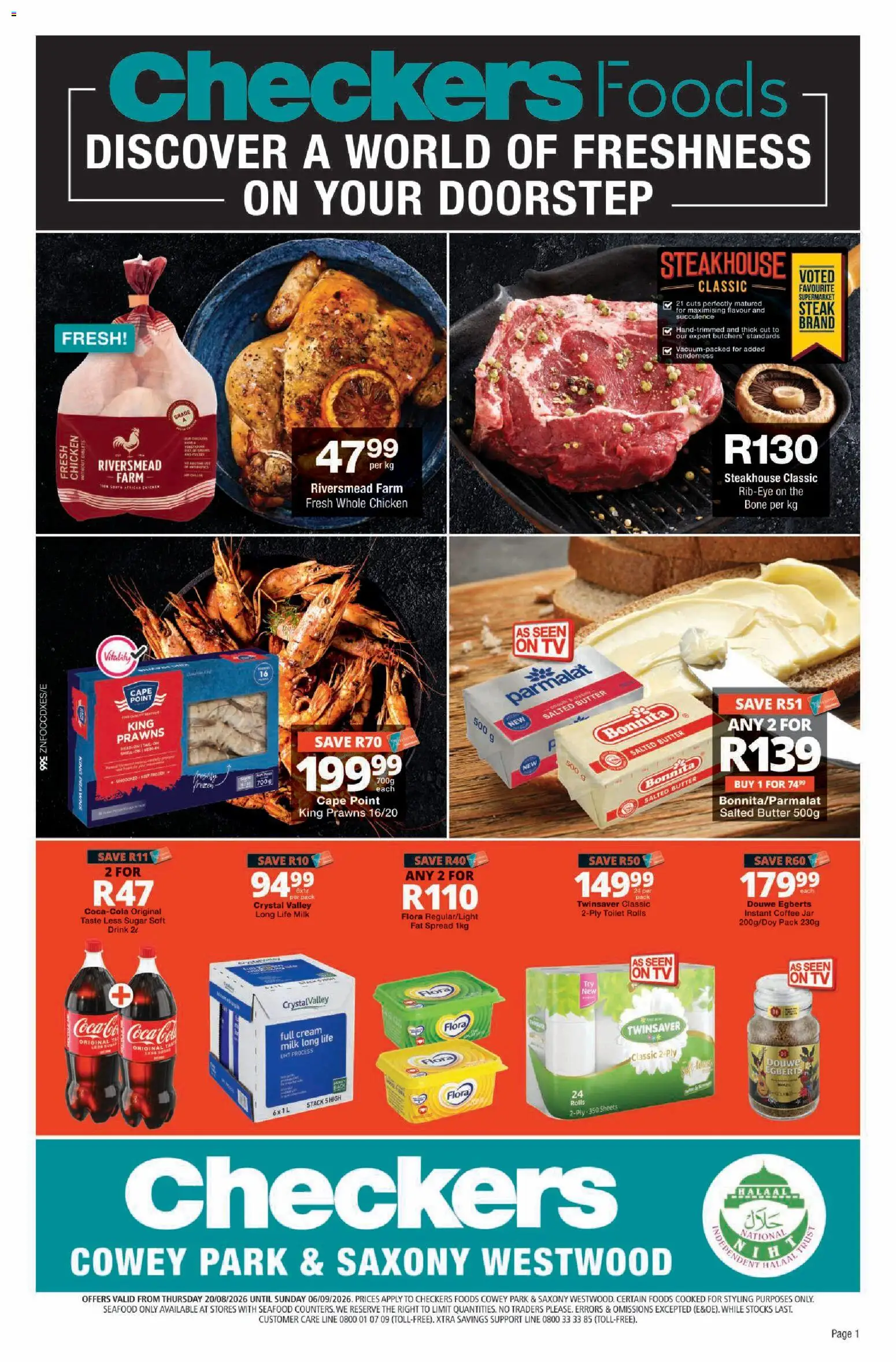 Preview of Checkers flyer valid from 20/08/2026 - TV, Chicken, Milk, Butter, Seafood, Sugar, Instant coffee, Fat spread