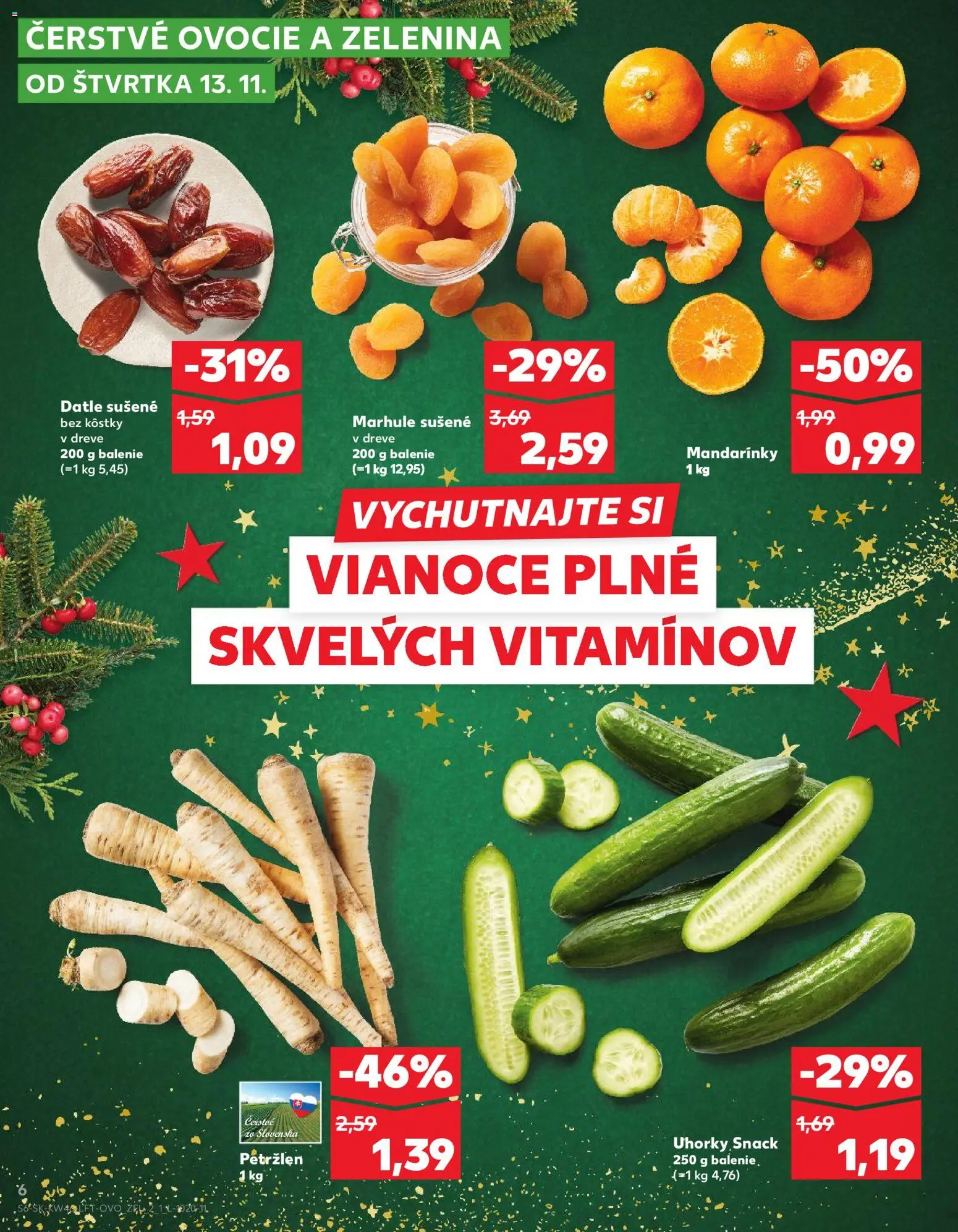 Náhľad Kaufland letáku platného od 13.11.2025 - Ovocie, Petržlen, Marhule, Uhorky, Mandarinky