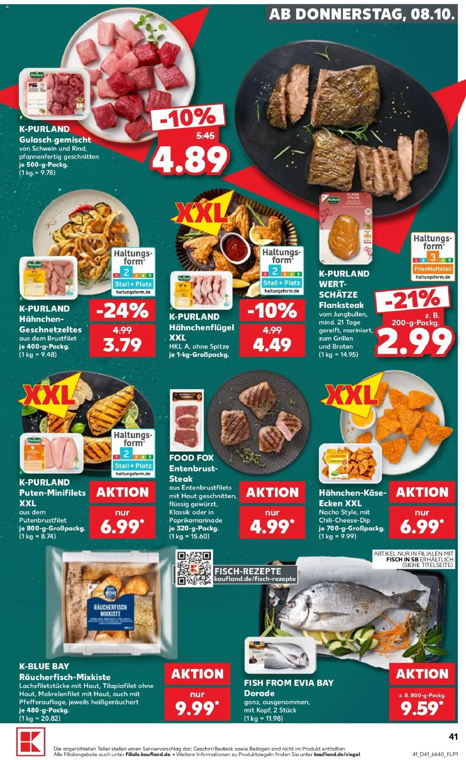 Vorschau von dem Prospekt des Geschäftes Kaufland, gültig ab dem 08.10.2026 - Fisch, Steak, Gulasch, Dorade, Beilagen, Hahnchen