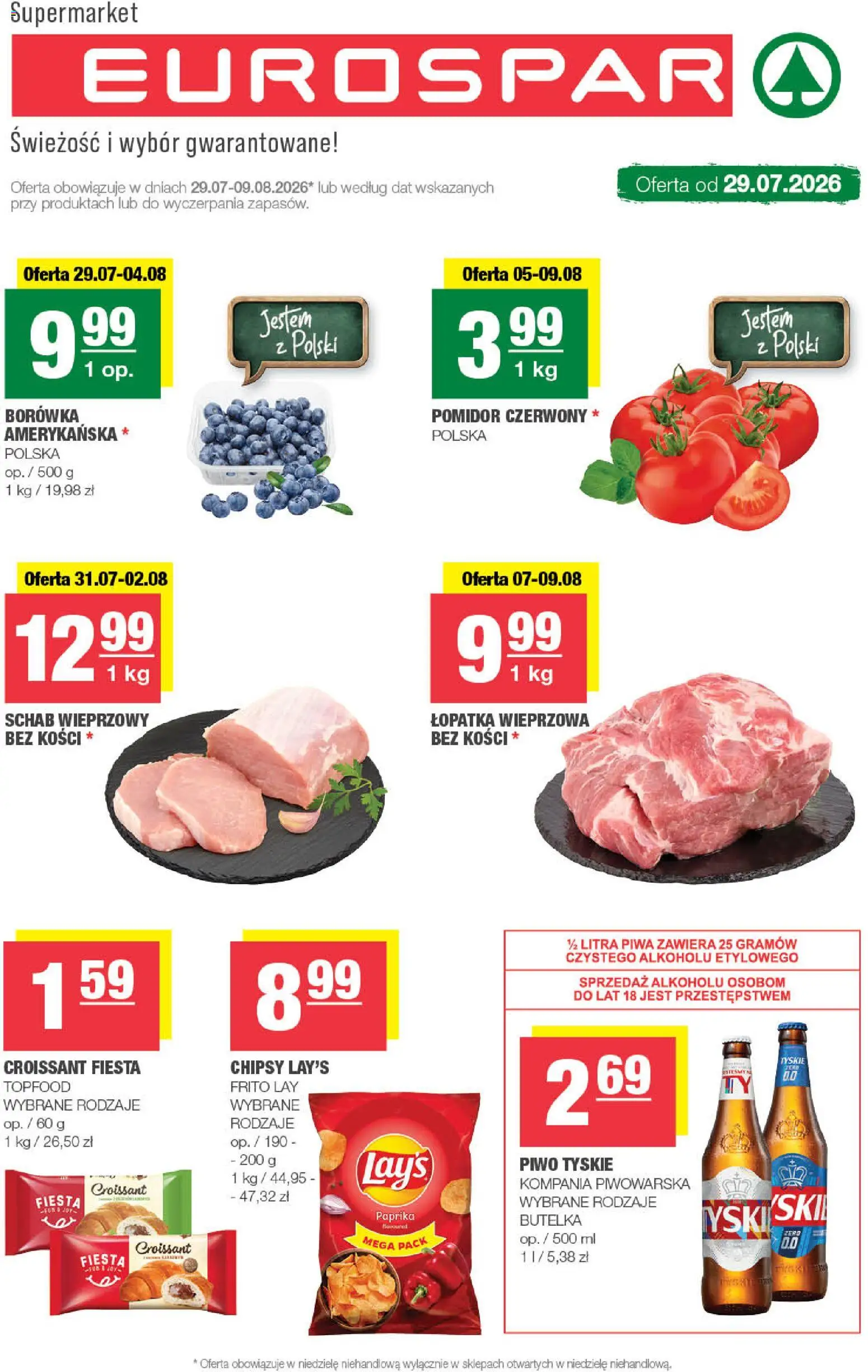 Pogląd gazetki "Spar gazetka - Eurospar" ze sklepu Spar ważnej od 29.07.2026 - Croissant, Chipsy, Pomidor, Schab, Łopatka wieprzowa, Tyskie, Schab wieprzowy, Łopatka wieprzowa bez kości