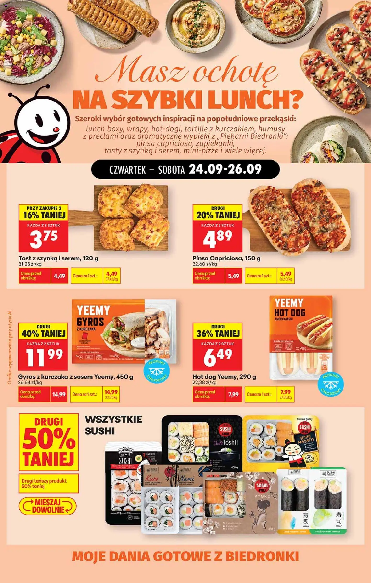 Náhled nabídky: Biedronka Polsko Biedronka Polsko leták - Szybki lunch oferta platný od 24.09.2026 - Sushi, Gyros, Losos, Hot dog, Lunch, Pinsa