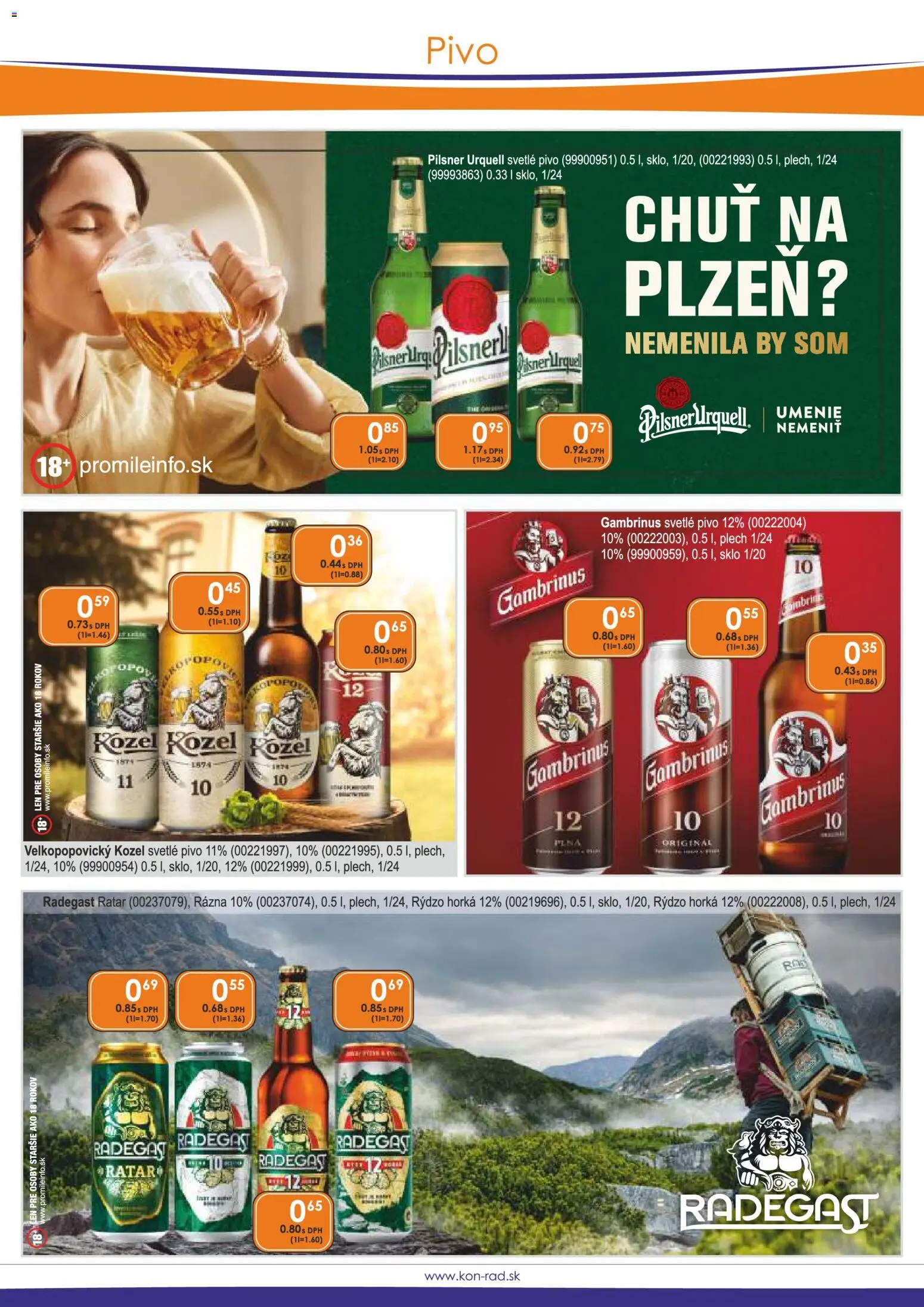 Náhľad KON - RAD letáku platného od 01.11.2026 - Pivo, Pilsner Urquell, Radegast, Gambrinus