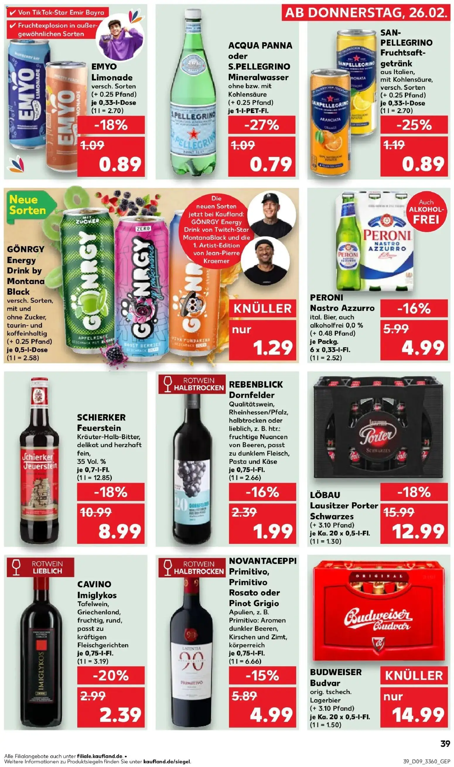 Vorschau von dem Prospekt des Geschäftes Kaufland, gültig ab dem 26.02.2026 - Pasta, Mineralwasser, Alkohol, Kirschen, Budweiser, Limonade, Fruchtsaft, Rotwein halbtrocken