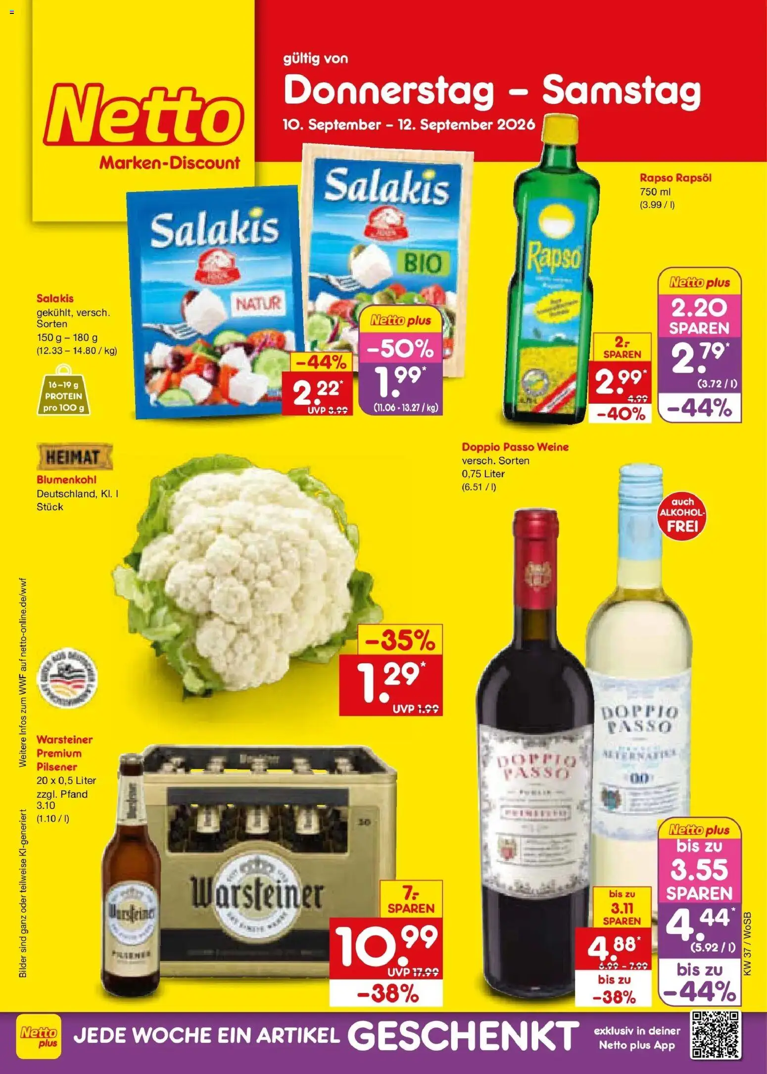Vorschau von dem Prospekt des Geschäftes Netto Marken-Discount, gültig ab dem 07.09.2026 - Bilder, Alkohol, Blumenkohl, Warsteiner, Rapsöl, Doppio Passo, Salakis, Rapso rapsol