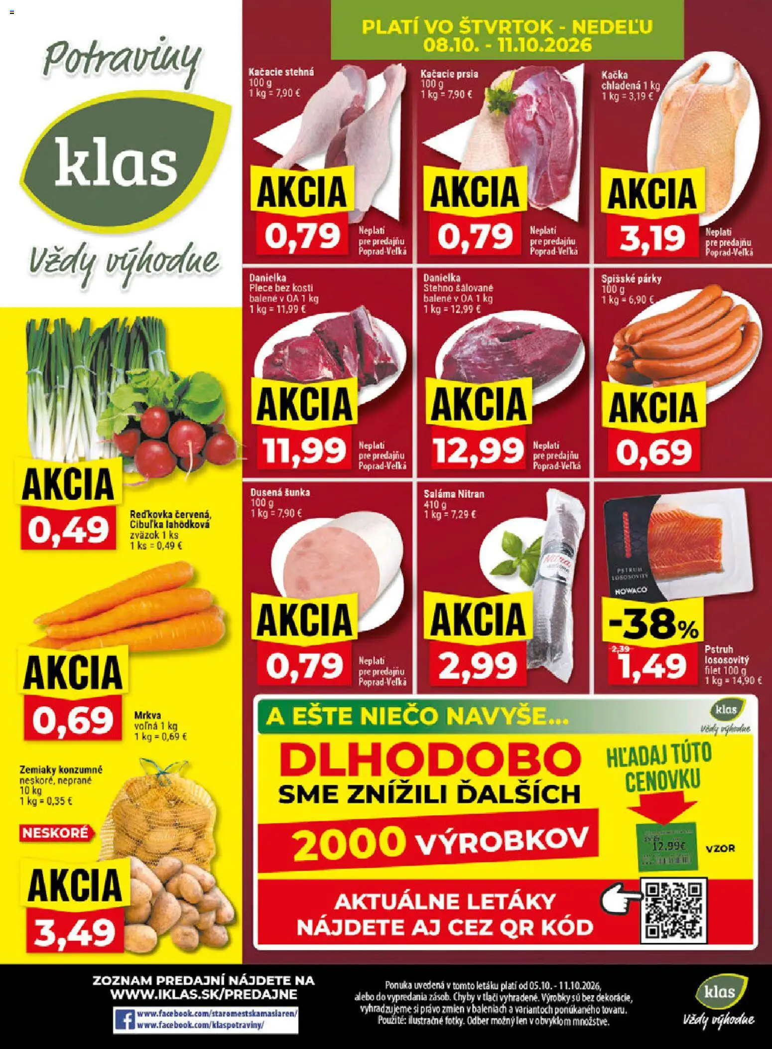 Náhľad Klas letáku platného od 05.10.2026 - Kačacie prsia, Mrkva, Pstruh, Zemiaky, Šunka, Párky, Saláma, Stehná
