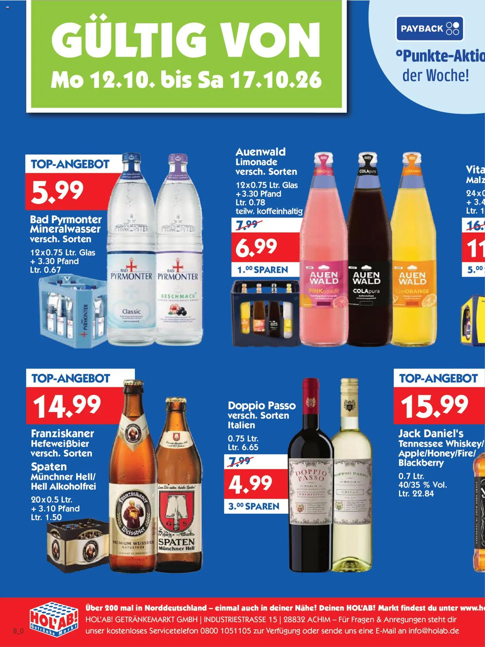 Vorschau von dem Prospekt des Geschäftes HOL’AB!, gültig ab dem 12.10.2026 - Bad, Mineralwasser, Doppio Passo, Limonade, Franziskaner, Weißbier, Jack Daniel's