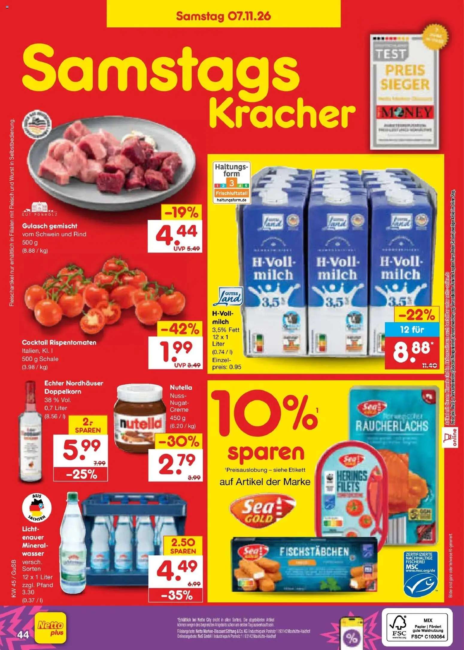 Vorschau von dem Prospekt des Geschäftes Netto Marken-Discount, gültig ab dem 02.11.2026 - Bilder, Wasser, Wurst, Nutella, Gulasch, Creme, Räucherlachs, Fischstabchen