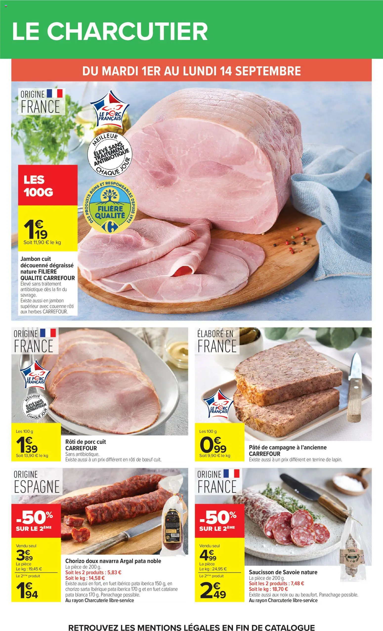 Prévisualisation de Carrefour Market Petit dejeuner du magasin Carrefour Market formulaire valide 01/09/2026 - Charcuterie, Saucisson, Rôti de porc, Pâte, Rôti de bœuf, Jambon, Noix, Porc