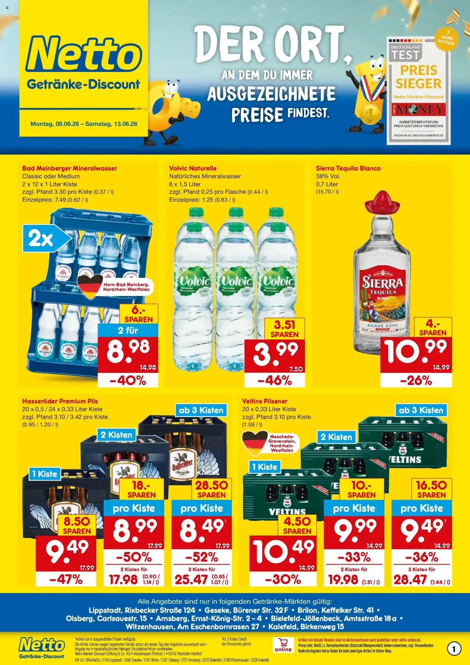 Vorschau von dem Prospekt des Geschäftes Netto Marken-Discount, gültig ab dem 08.06.2026 - Bad, Mineralwasser, Tequila, Veltins, Volvic, Hasseröder, Pils