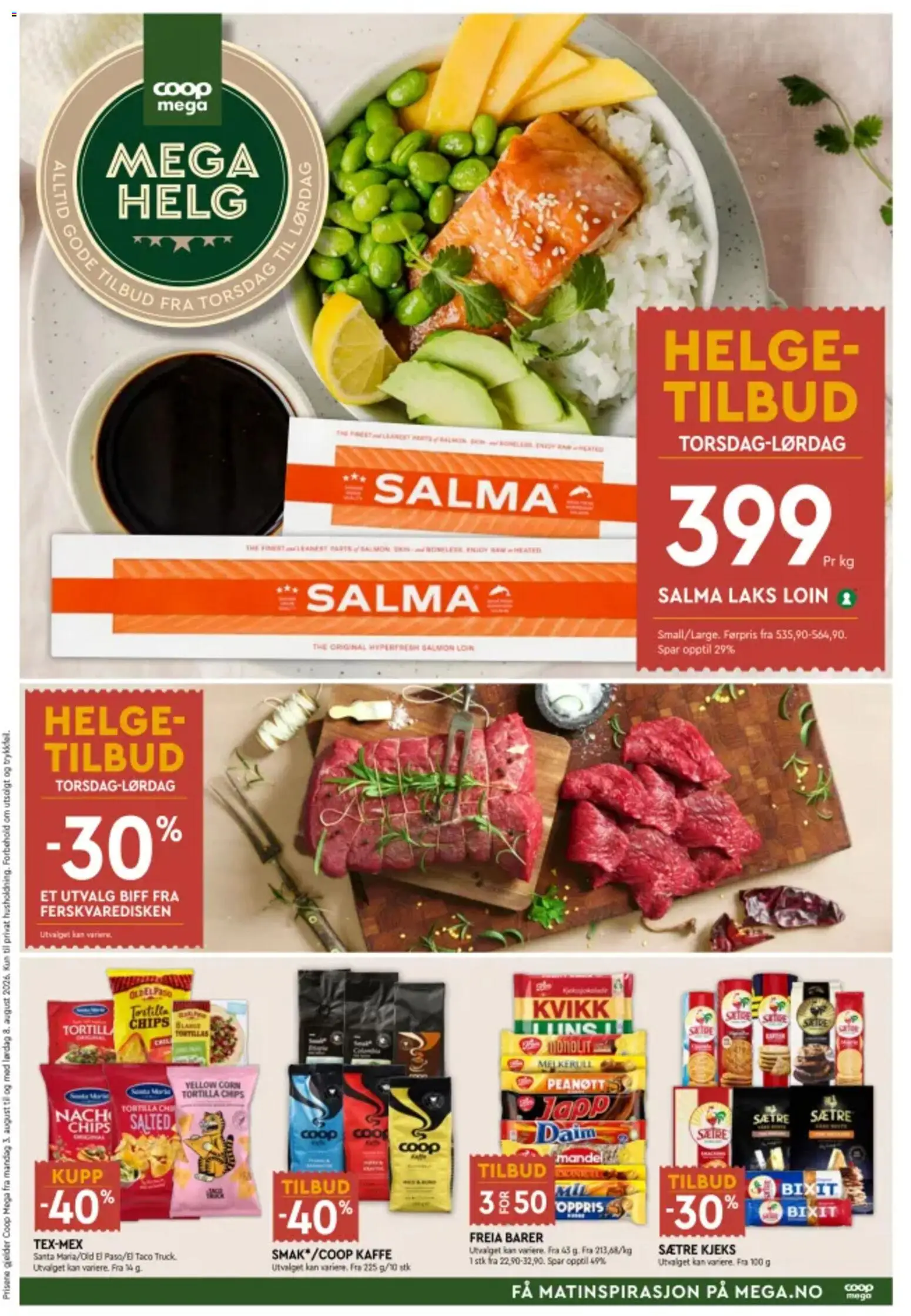 Forhåndsvis Coop Mega Mega Helg fra butikk Coop Mega gyldig fra 06/08/2026 - Kaffe, Chips, Biff, Tortilla chips, 1, Tortilla, Taco, Laks
