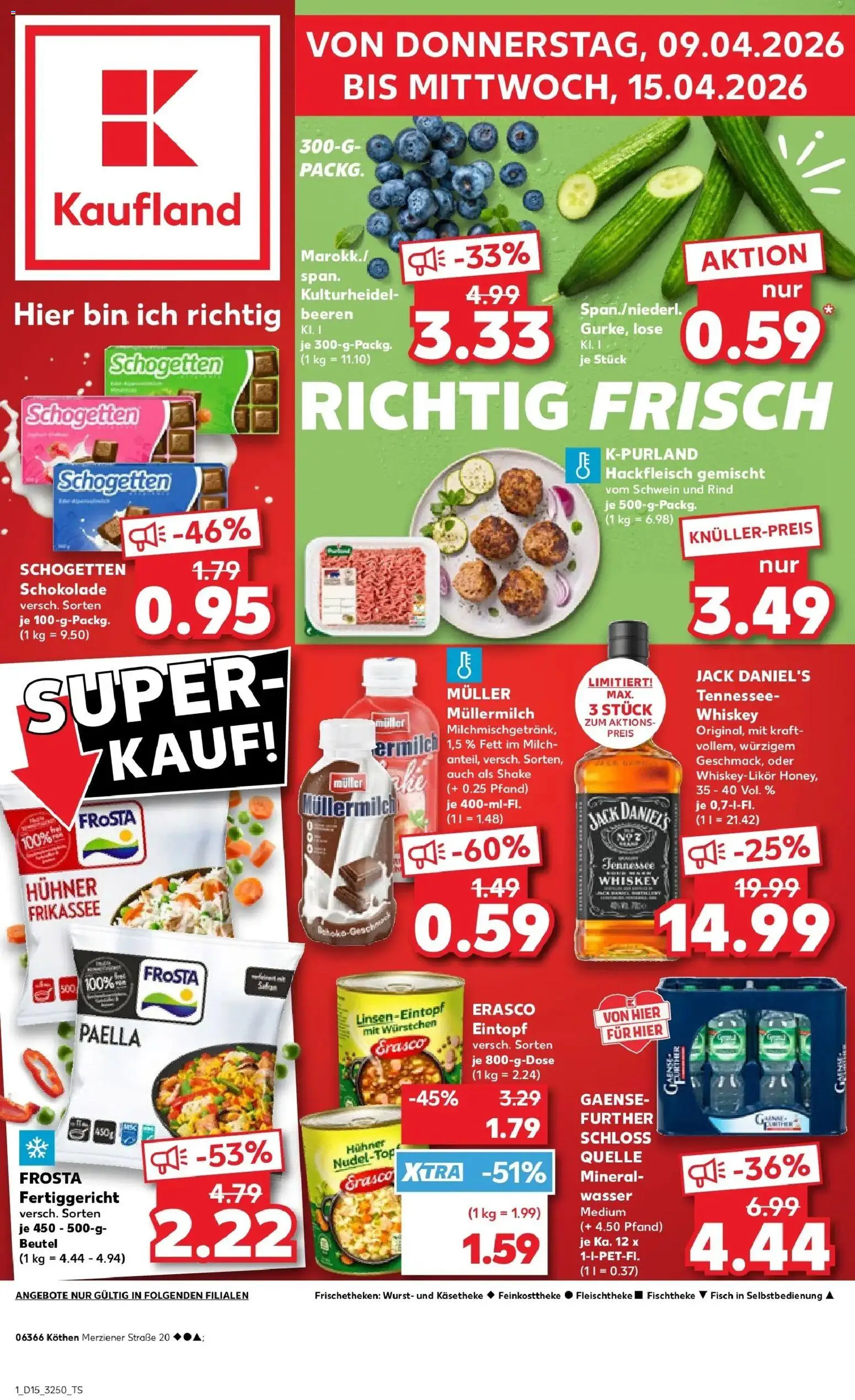 Vorschau von dem Prospekt des Geschäftes Kaufland, gültig ab dem 08.04.2026 - Wasser, Schokolade, Fisch, Milch, Hackfleisch, Whiskey, Schogetten, Erasco