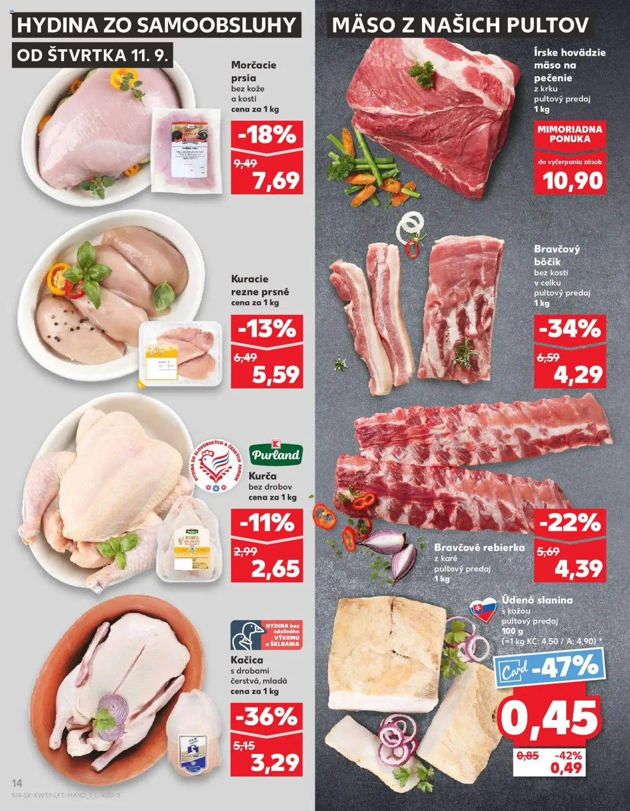 Náhľad Kaufland letáku platného od 11.09.2025 - Mäso, Hovädzie mäso, Kuracie rezne, Morčacie prsia, Slanina, Kačica, Bravčový bôčik, Kurča