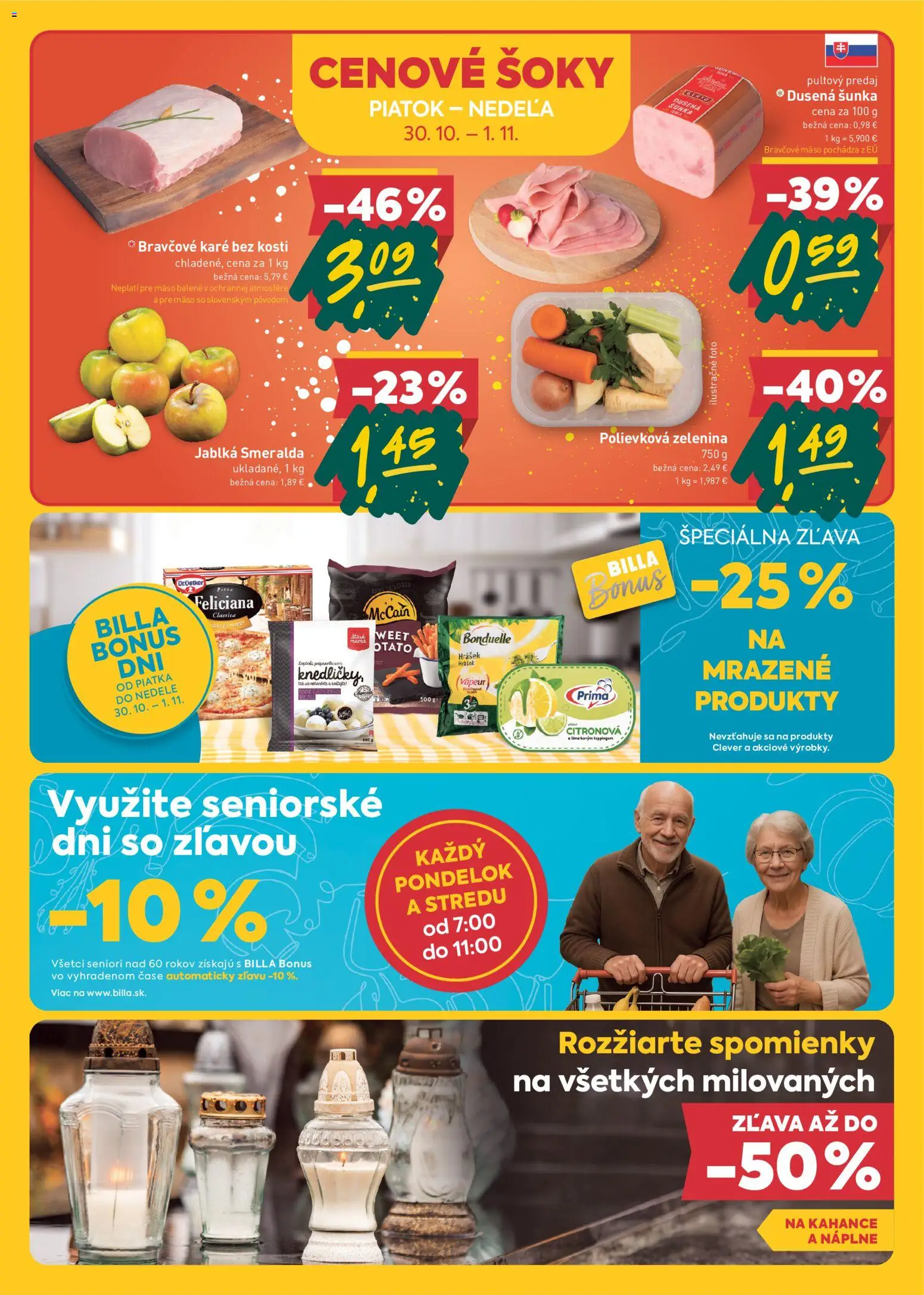 Náhľad Billa letáku platného od 28.10.2026 - Mäso, Bravčové karé, Zelenina, Šunka, Bravčové mäso, Jablká, Hrášok