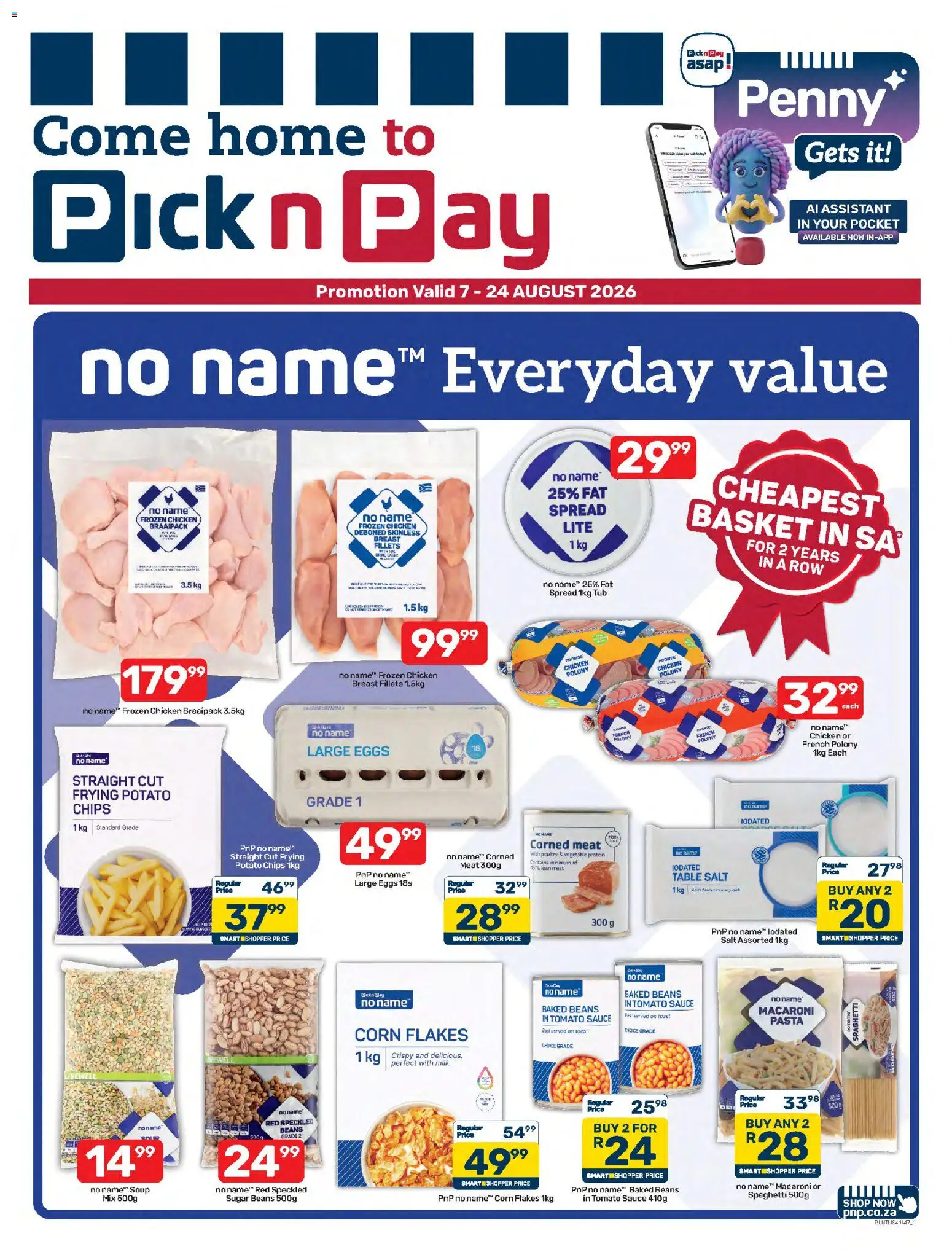 Preview of Pick n Pay flyer valid from 07/08/2026 - Salt, Milk, Soup, Corn flakes, Polony, Tomato sauce, Corned meat, Poultry