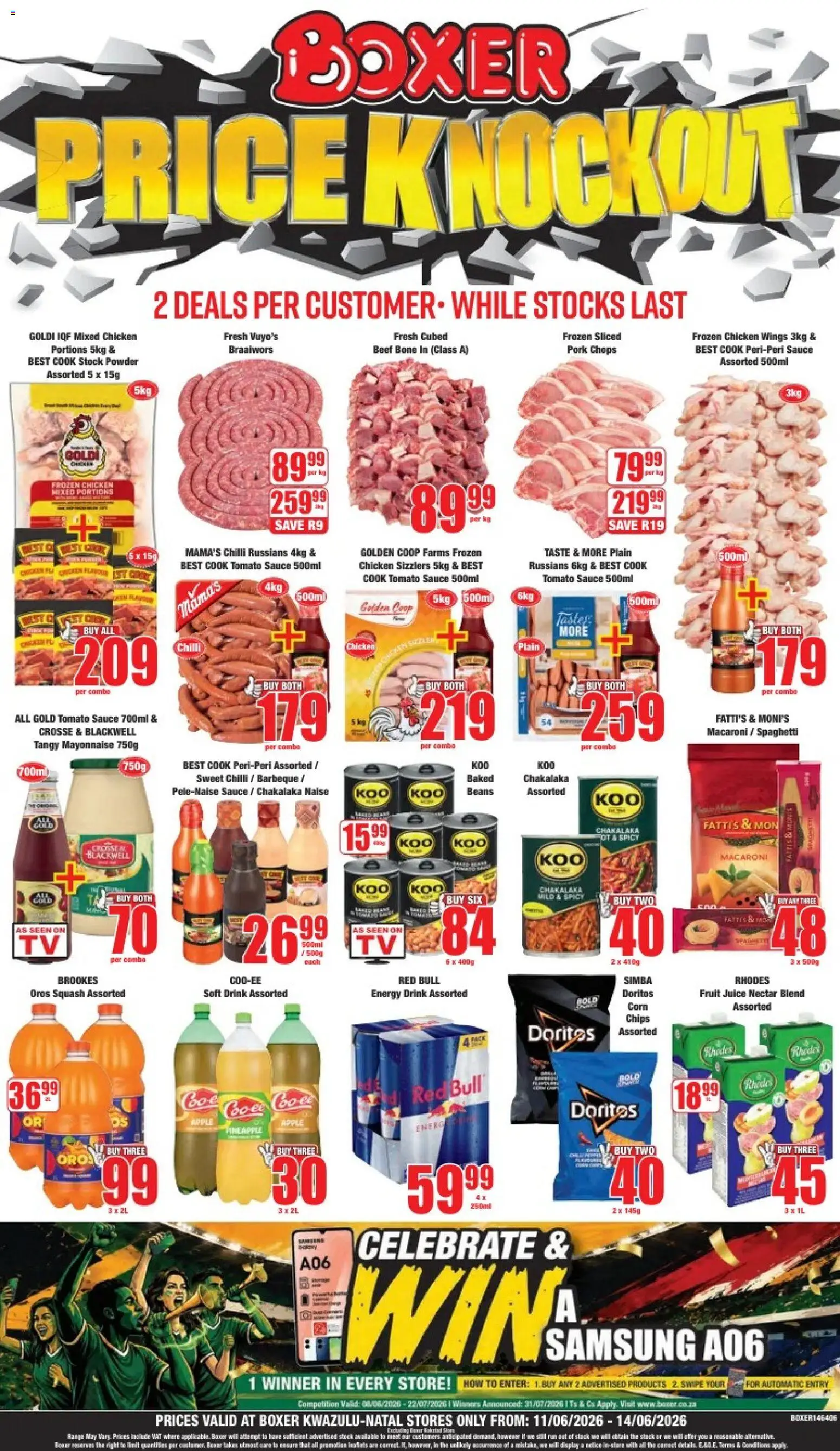 Preview of Boxer flyer valid from 11/06/2026 - Chicken, Pineapple, Juice, Spaghetti, Beans, Energy drink, Tomato sauce, Powder