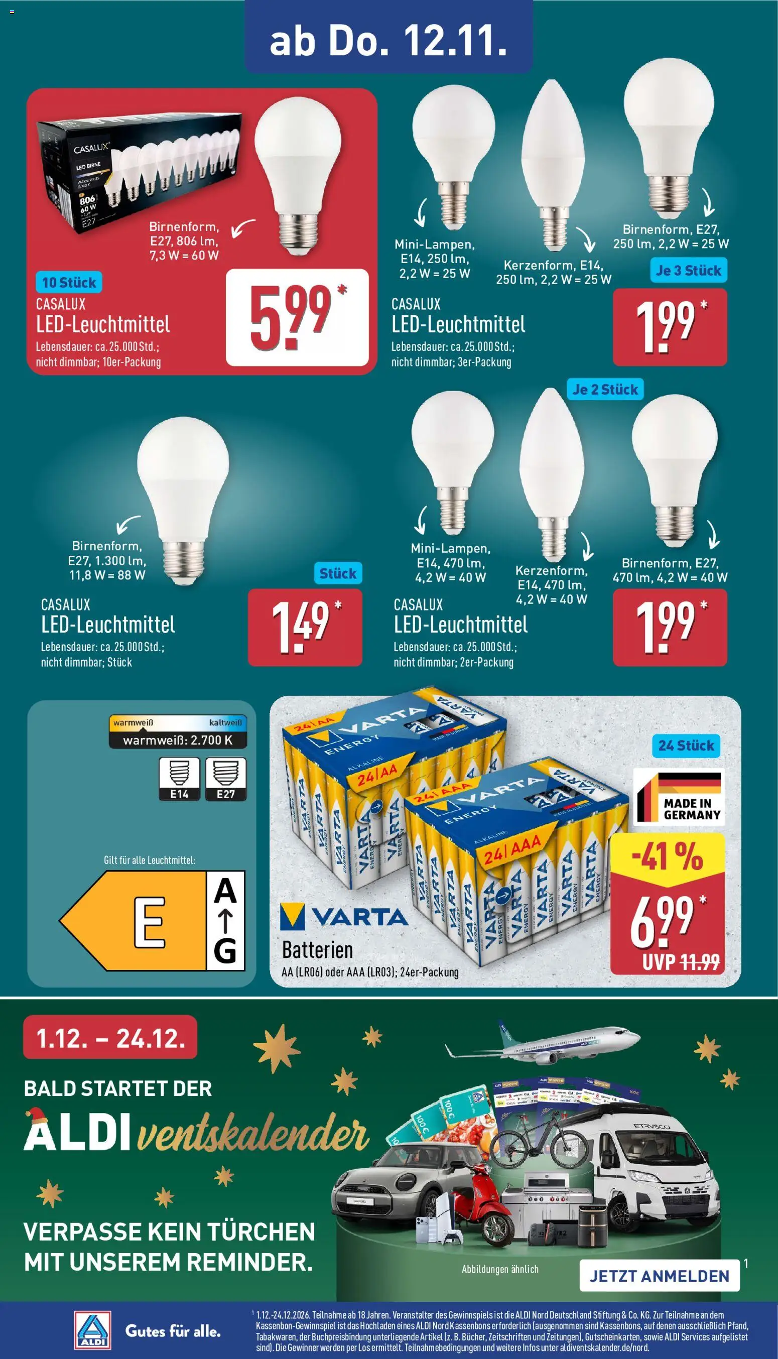 Vorschau von dem Prospekt des Geschäftes Aldi, gültig ab dem 09.11.2026 - Batterien, Energy, Birne