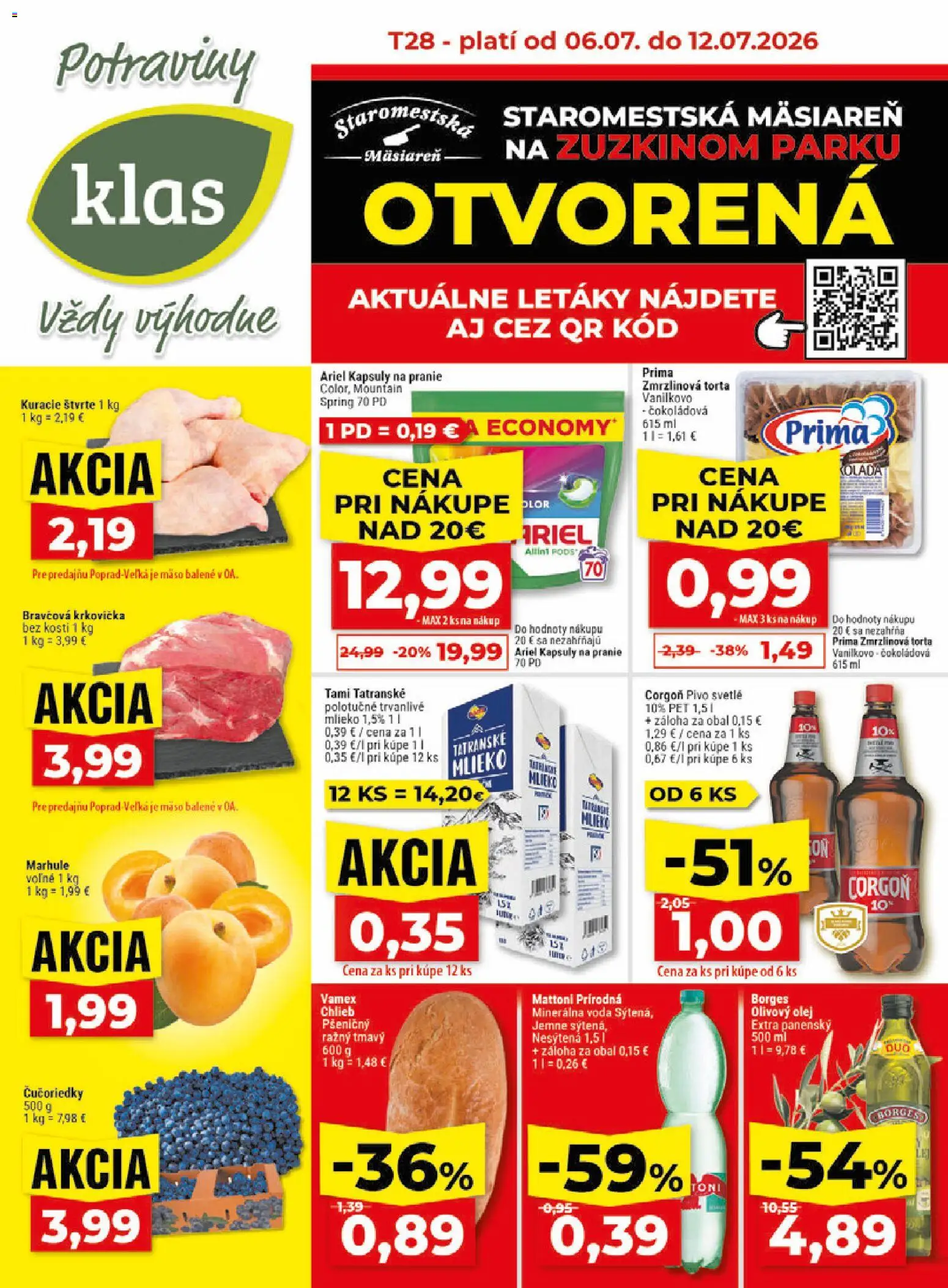Náhľad Klas letáku platného od 06.07.2026 - Mäso, Voda, Pivo, Čučoriedky, Chlieb, Ariel, Mattoni, Zmrzlinová torta