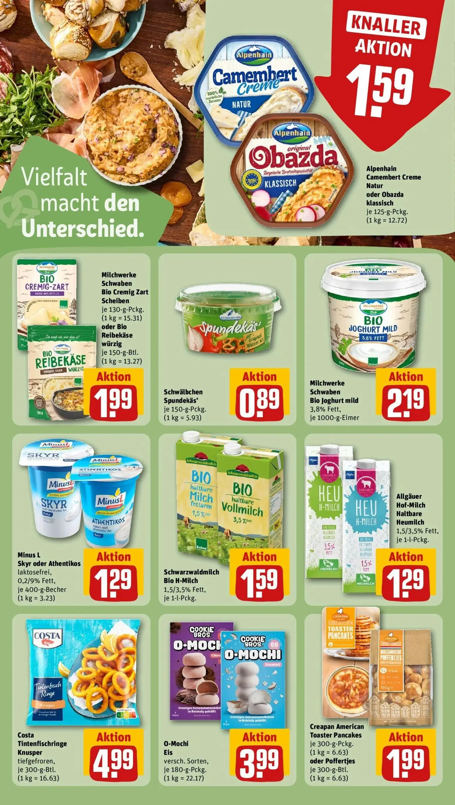 Vorschau von dem Prospekt des Geschäftes Rewe, gültig ab dem 05.04.2026 - Eis, Joghurt, Skyr, Milch, Tintenfisch, Camembert, Gouda, Creme