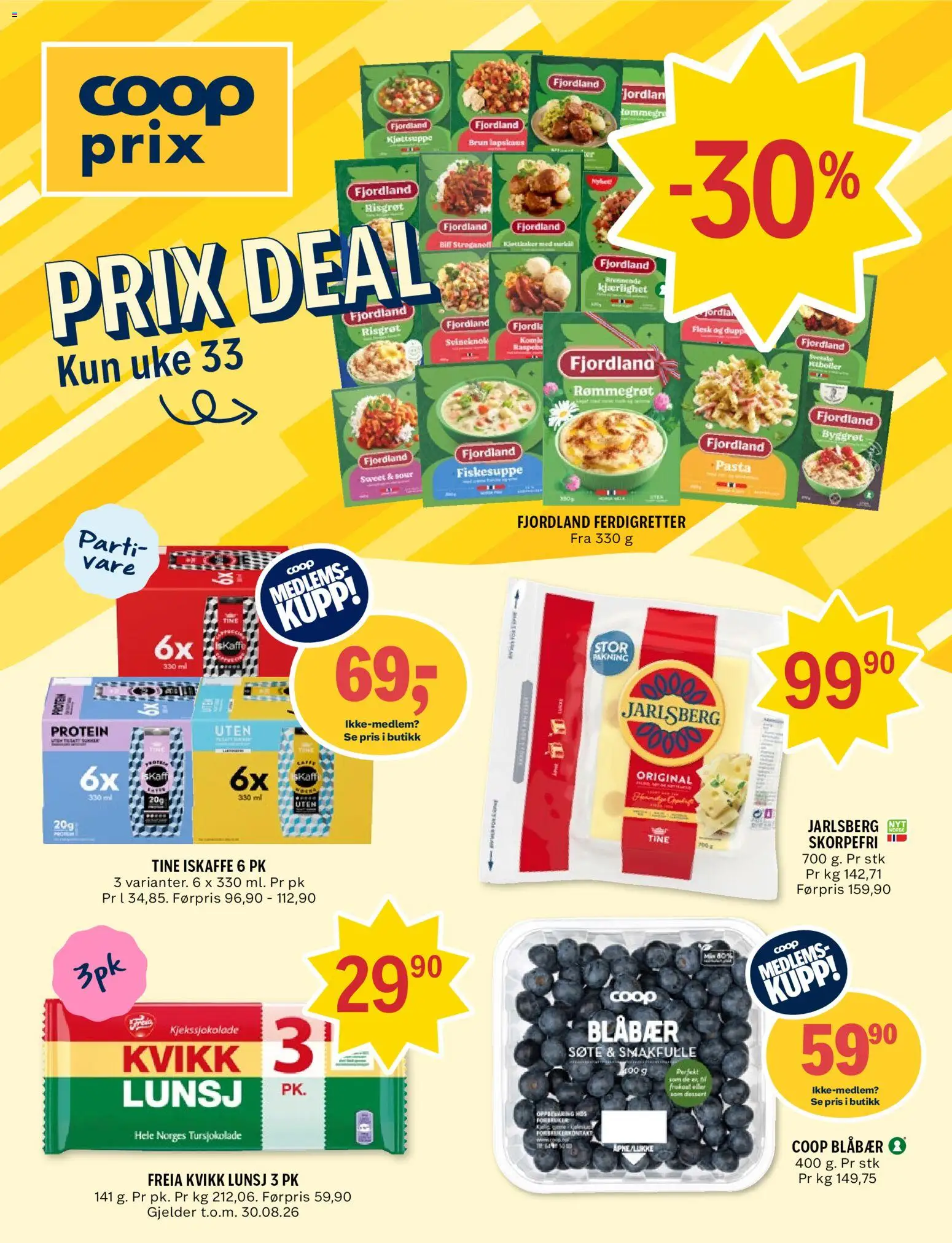 Forhåndsvis Coop Prix kundeavis fra butikk Coop Prix gyldig fra 10/08/2026 - Biff, Pasta, Ferdigretter, Jarlsberg, Fjordland risgrøt, Protein, Fiskesuppe, Kvikk Lunsj