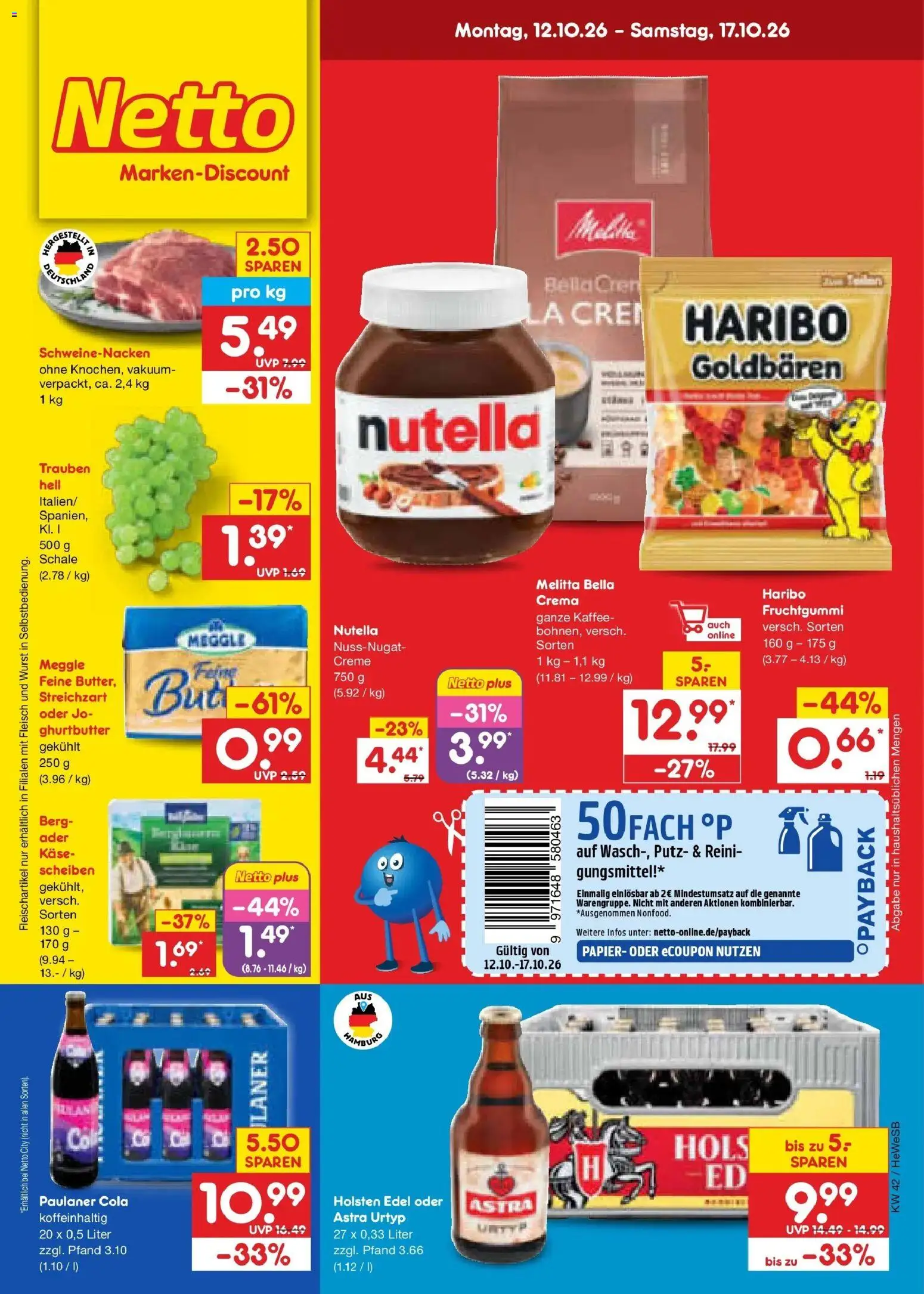 Vorschau von dem Prospekt des Geschäftes Netto Marken-Discount, gültig ab dem 12.10.2026 - Haribo, Wurst, Nutella, Cola, Fleisch, Trauben, Melitta, Holsten