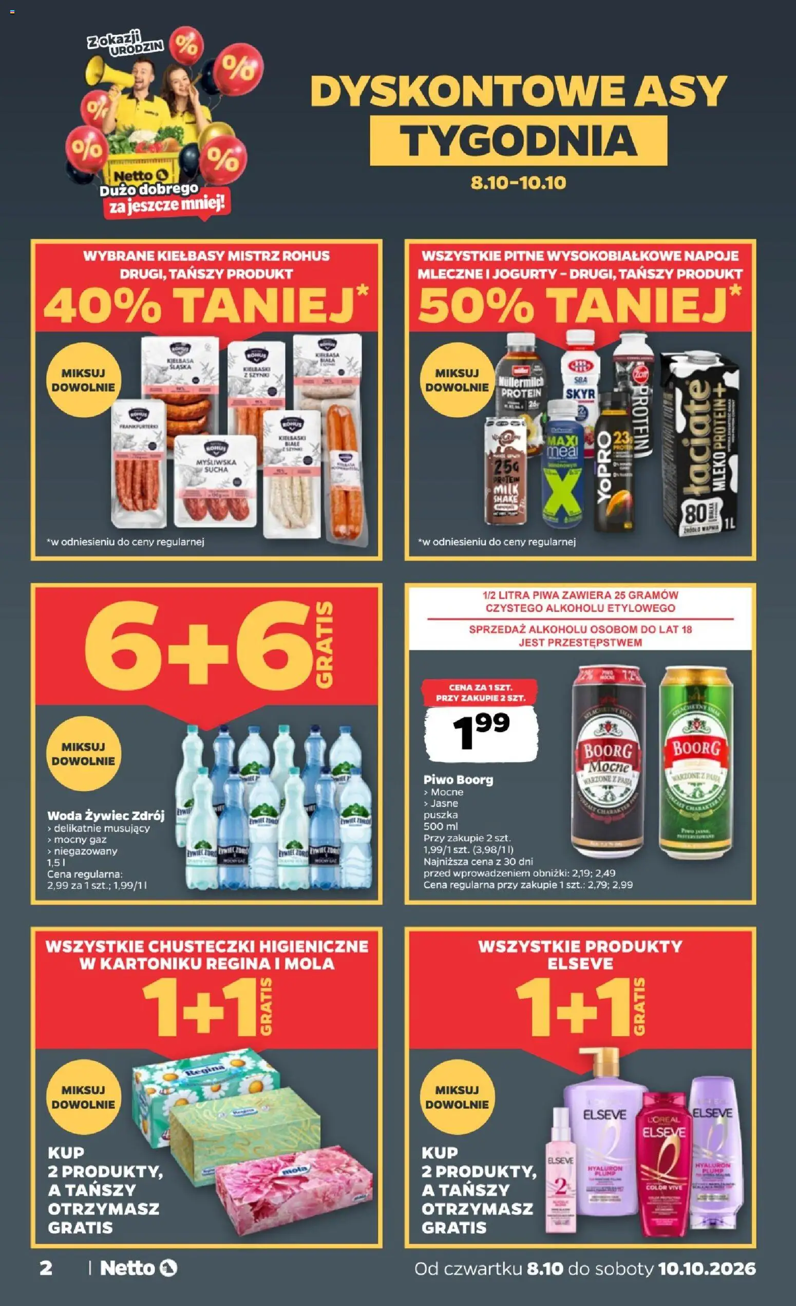 Pogląd gazetki "Netto gazetka od czwartku" ze sklepu Netto ważnej od 08.10.2026 - Piwo, Myśliwska, Chusteczki, Frankfurterki, Napoje, Woda Żywiec Zdrój, Woda żywiec, Napoje mleczne