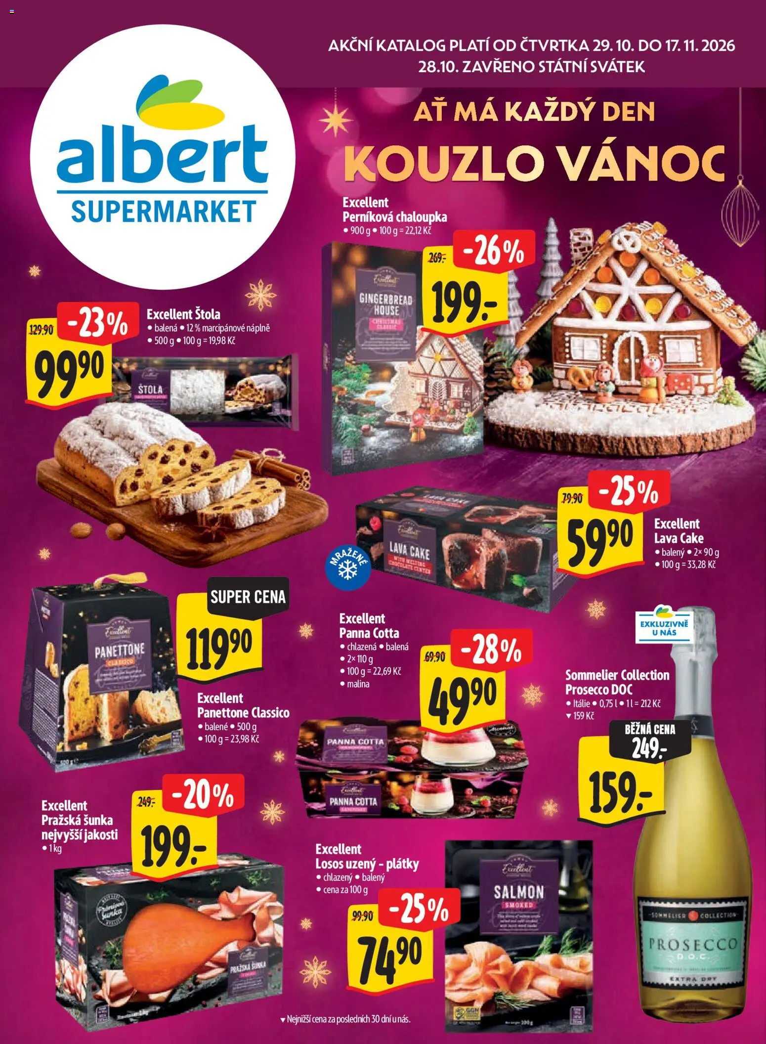 Náhled nabídky: Albert Albert leták - Supermarket Kouzlo Vánoc platný od 29.10.2026 - Prosecco, Panna cotta, Losos, Šunka, Panettone, Pražská šunka, Prosecco DOC, Losos uzený