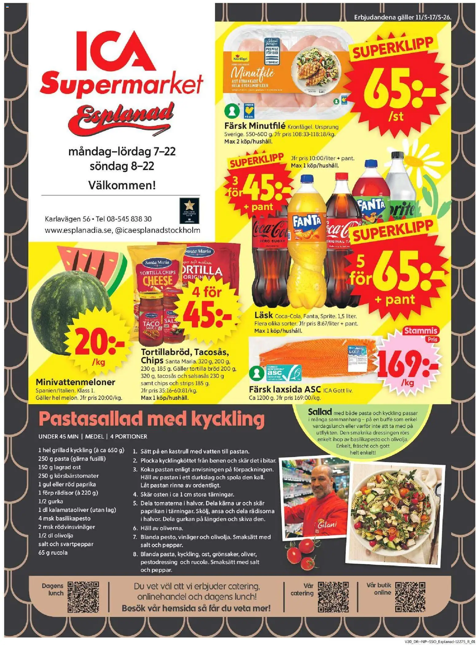 Förhandsgranska reklamblad Stockholm från butik ICA Supermarket gäller från 11/05/2026 - Ost, Vatten, Sallad, Salt, Vinäger, Rädisor, Körsbärstomater, Kycklingfiléer