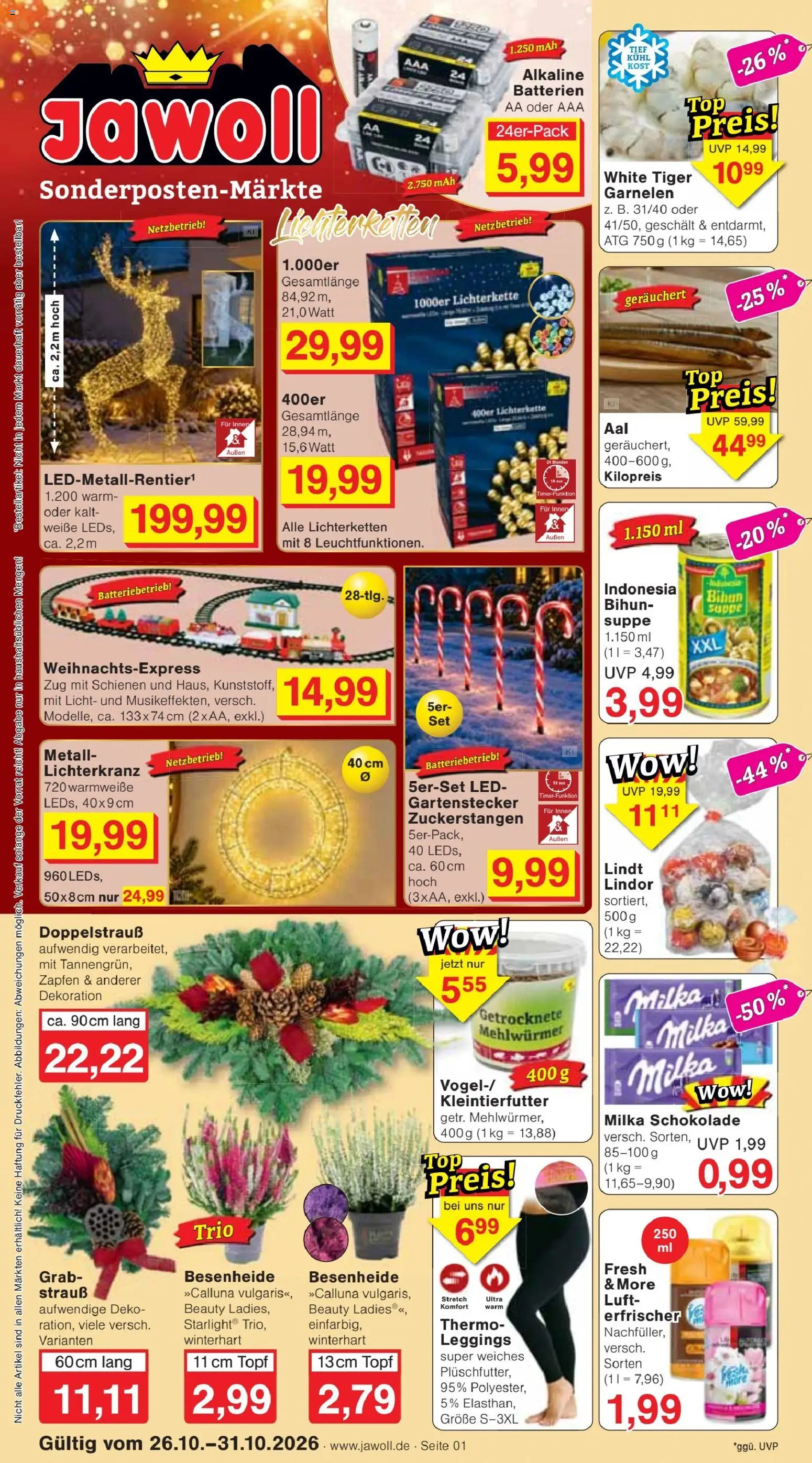 Vorschau von dem Prospekt des Geschäftes Jawoll, gültig ab dem 26.10.2026 - Schokolade, Lindt, Batterien, Garnelen, Milka schokolade, Milka, Leggings, Lindor