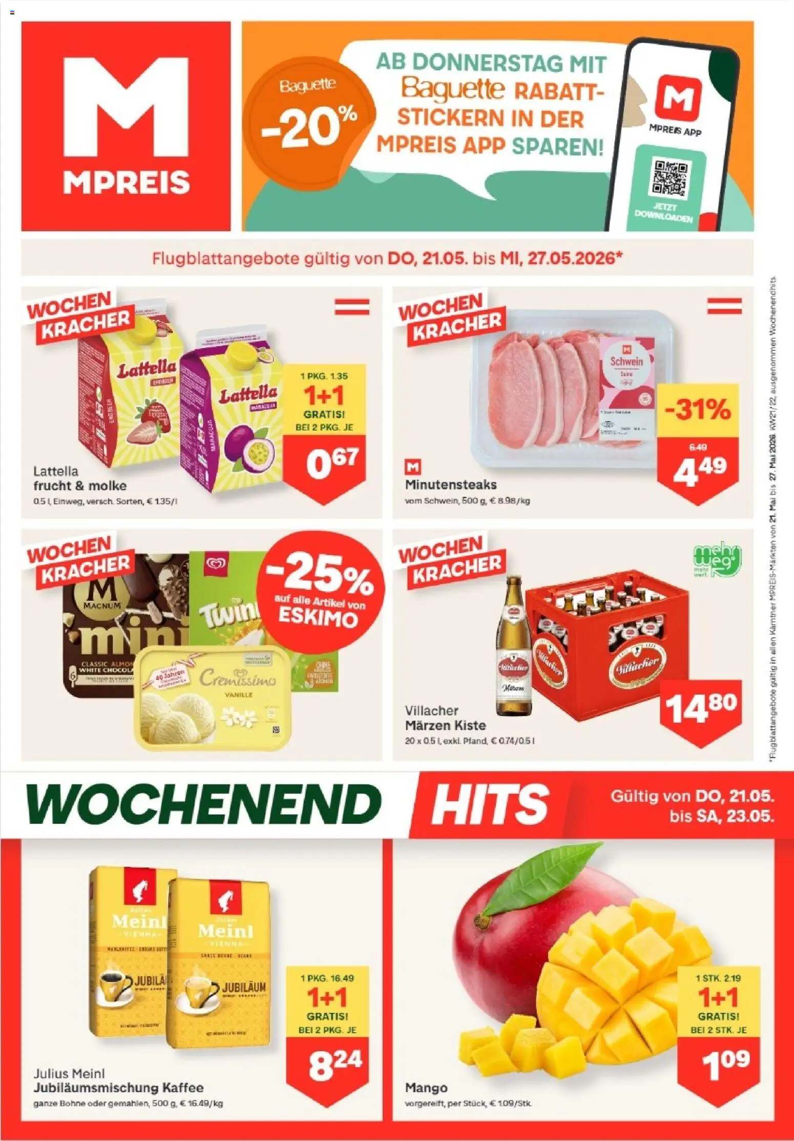 Vorschau der Angebote: MPREIS MPREIS Dellach im Drautal gültig ab 21.05.2026 - Mango, Kaffee, Baguette, Vanille, Bohne