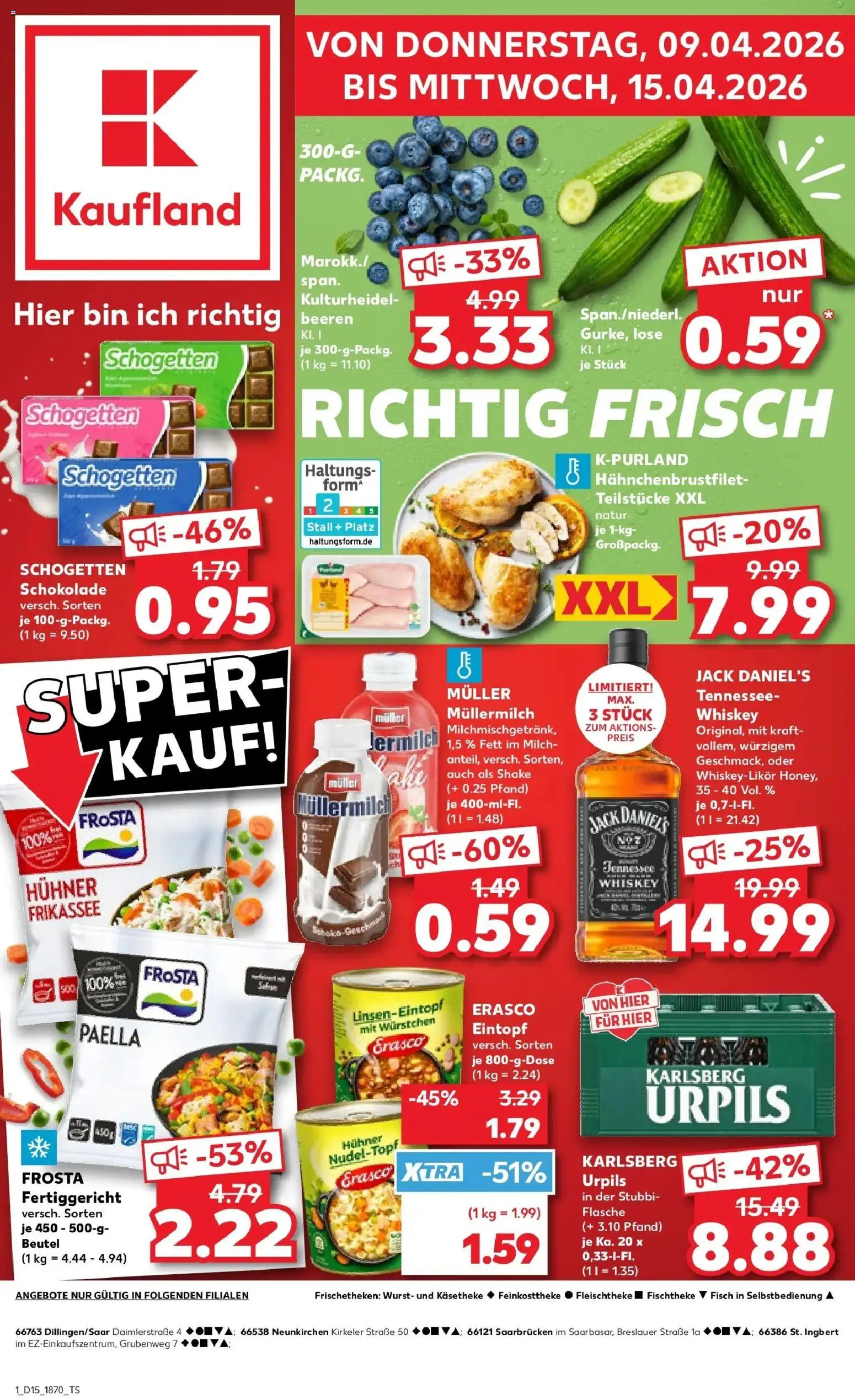 Vorschau von dem Prospekt des Geschäftes Kaufland, gültig ab dem 08.04.2026 - Schokolade, Wurst, Milch, Frosta, Whiskey, Müllermilch, Schogetten, Muller mullermilch