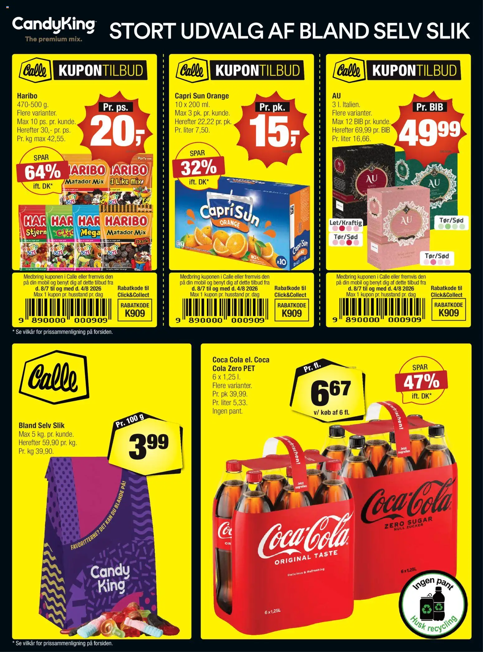 Eksempel på tilbudsavis Calle - Danske kupontilbud fra butik Calle gyldig fra 08/07/2026 - Slik, Coca Cola, Cola, Coca Cola Zero