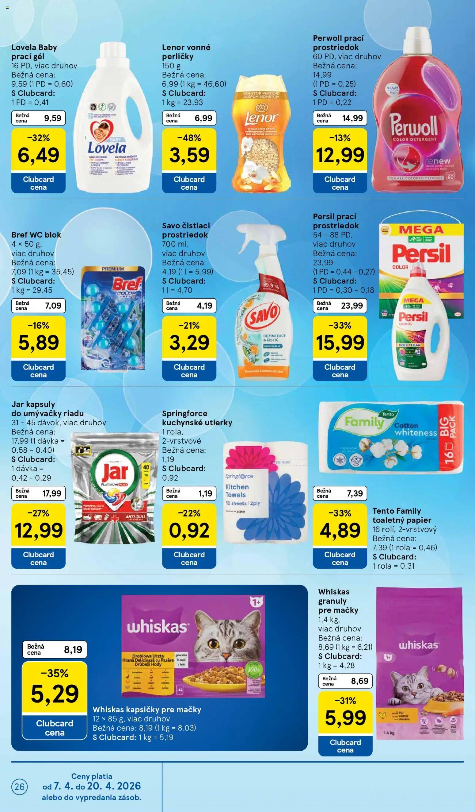 Náhľad Tesco letáku platného od 08.04.2026 - Persil, Perwoll, Lovela, Lenor, Whiskas, Whiskas kapsičky, Čistiaci prostriedok, Kapsuly do umývačky riadu