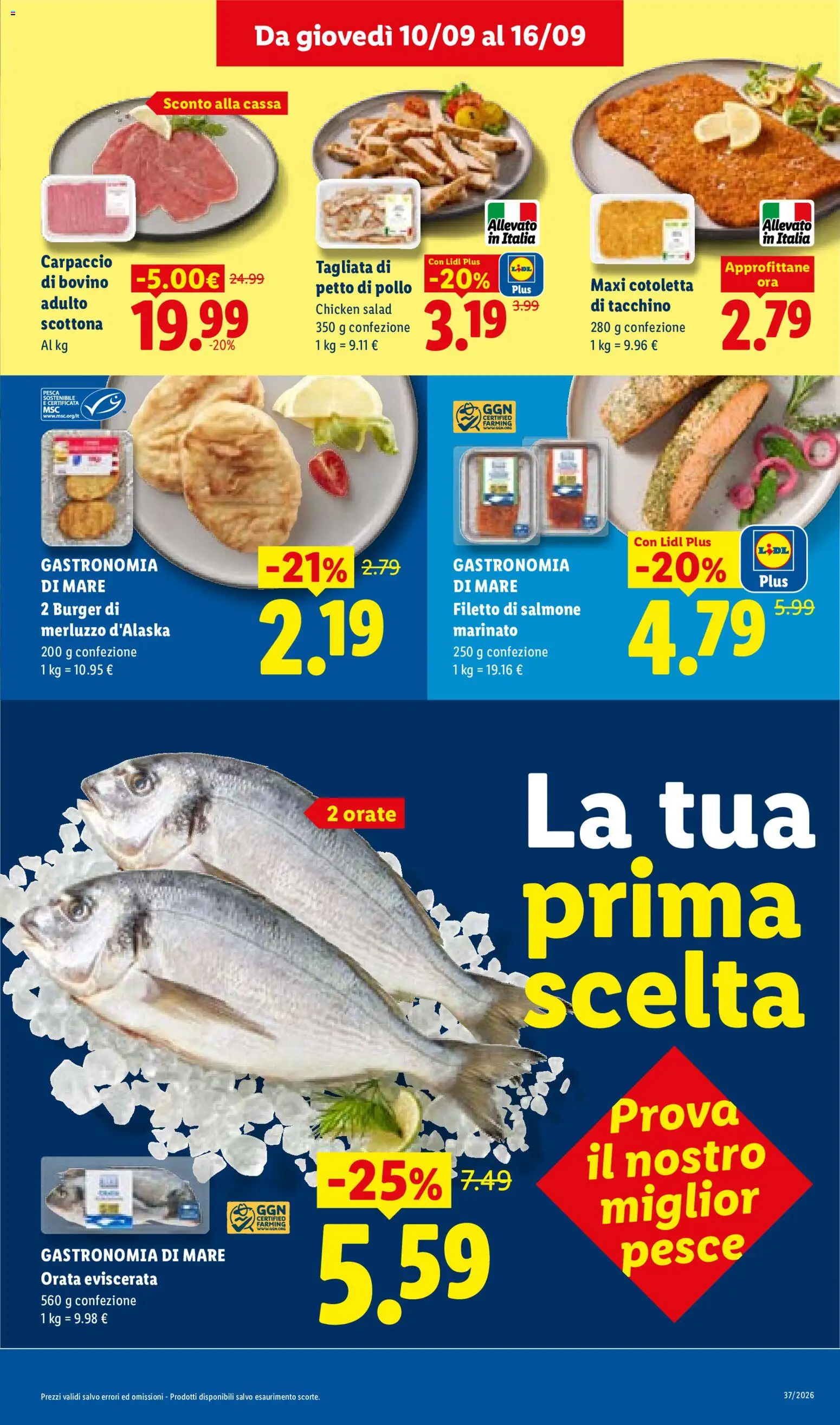 Anteprima dell'opuscolo Lidl volantino dal negozio Lidl valido da 10/09/2026 - Orata, Tacchino, Carpaccio, Merluzzo, Petto di Pollo, Filetto, Filetto di salmone, Merluzzo d’Alaska