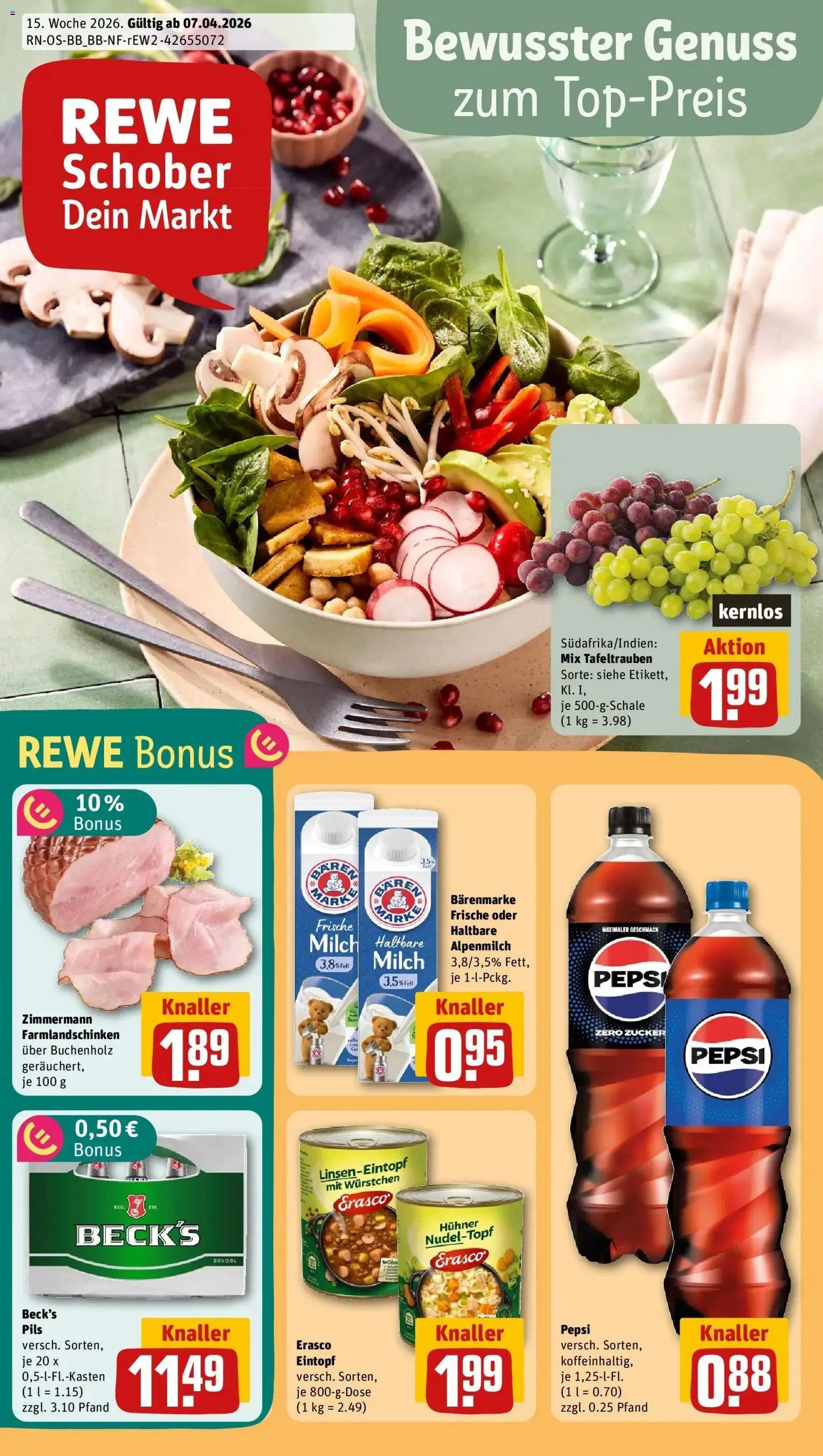 Vorschau von dem Prospekt des Geschäftes Rewe, gültig ab dem 05.04.2026 - Cola, Milch, Zucker, Pepsi, Pils, Erasco