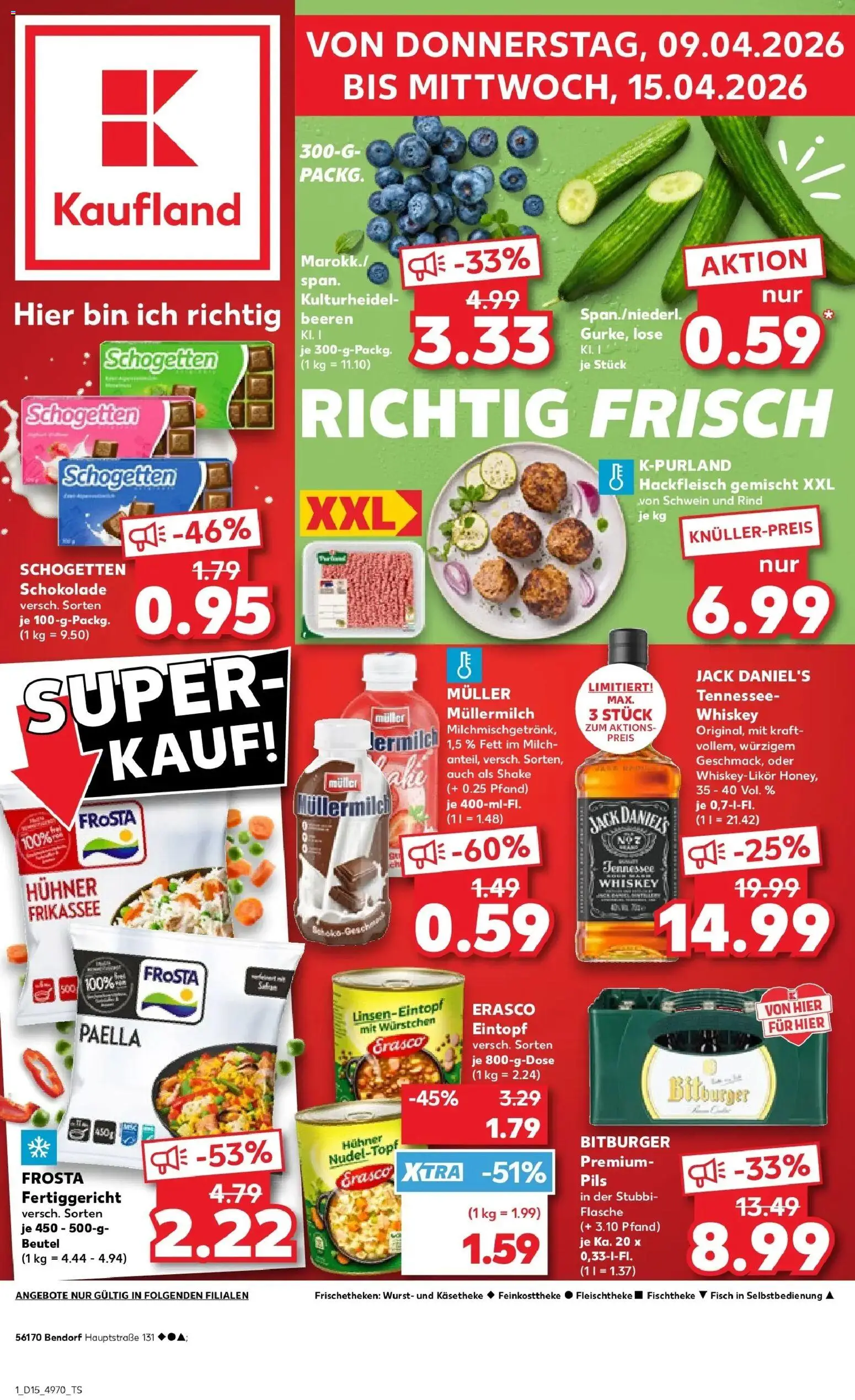 Vorschau von dem Prospekt des Geschäftes Kaufland, gültig ab dem 08.04.2026 - Schokolade, Fisch, Wurst, Hackfleisch, Whiskey, Müllermilch, Bitburger, Erasco